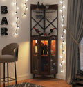 COCO DESIGN Corner Wine Cabinet with Lockable Glass Door & LED Light, 4-Tier Liquor Bar Unit, Modern Farmhouse Home Bar for Living Room, 2 Wine Racks & 2 Glass Display Trays, Walnut