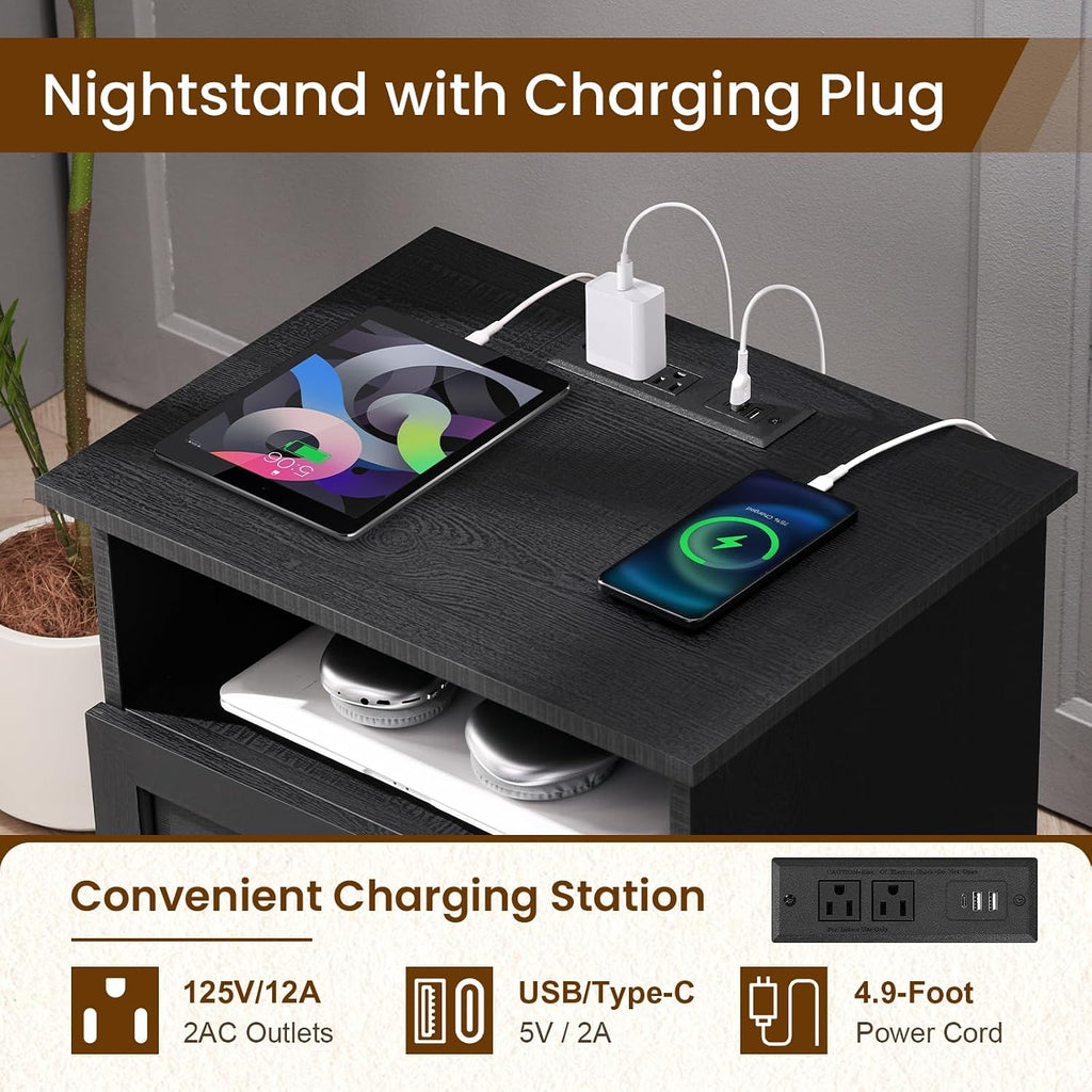 20-Inch Wide Modern Nightstands Set of 2 with Charging Station & Outlets, Bedside Tables with 2 Drawers and Open Shelf, Sleek Design End Tables for Bedroom and Office, Black