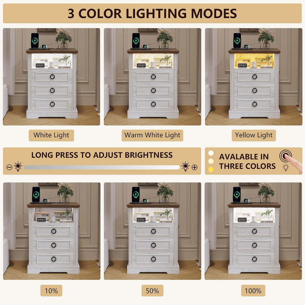 Nightstand Set 2 with Charging Station, Farmhouse End Side Table with 3 Drawers and Open Storage, Smart Bedside Table with LED Light & Human Sensor for Bedroom, Living Room,White,Chest