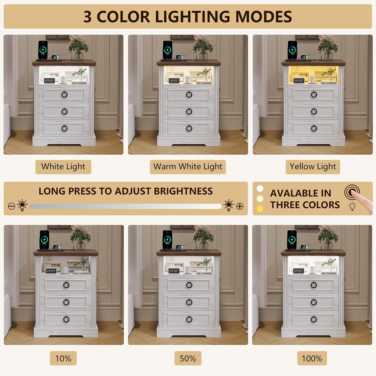 Nightstand Set 2 with Charging Station, Farmhouse End Side Table with 3 Drawers and Open Storage, Smart Bedside Table with LED Light & Human Sensor for Bedroom, Living Room,White,Chest