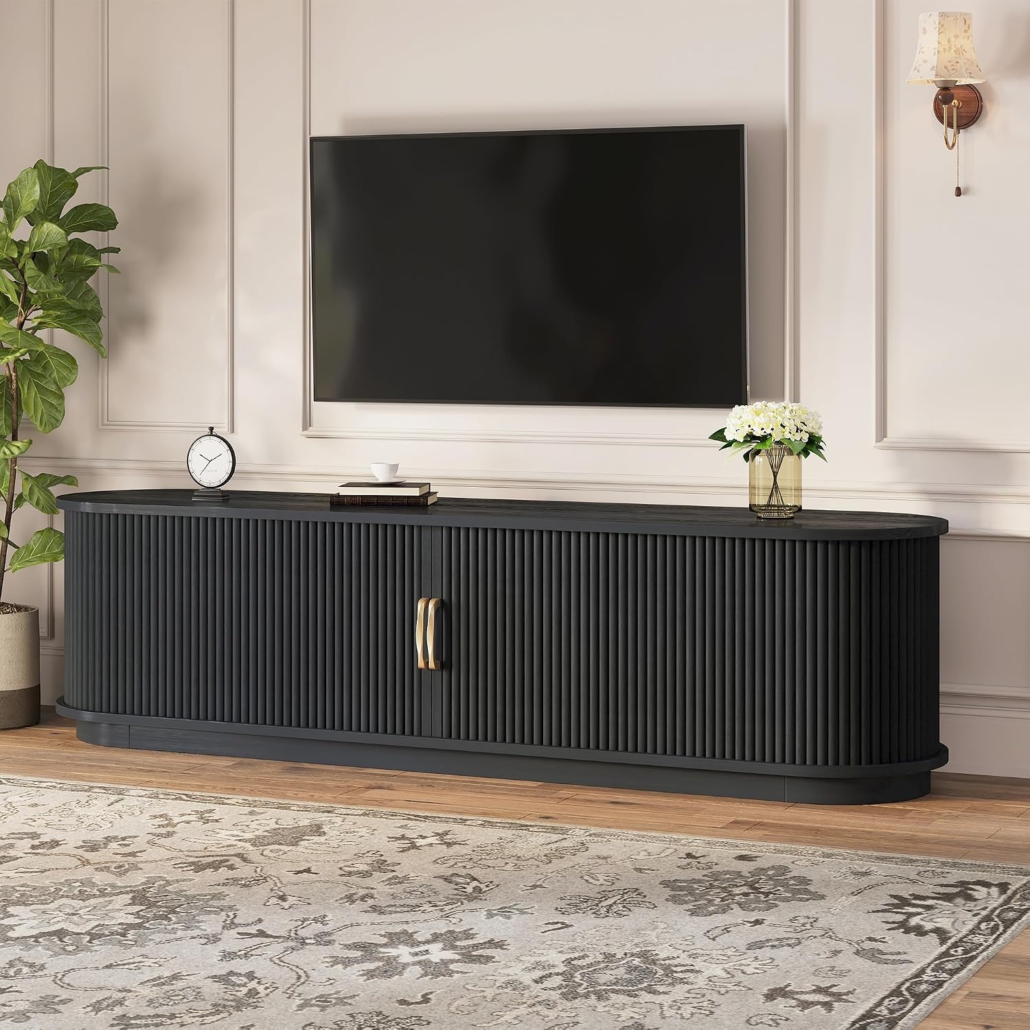 SOFTSEA 66.9' Fluted TV Stand for 75'+ TV, Farmhouse Media Console with Storage Drawer, Sliding Tambour Doors & Rounded Edges, Rustic Entertainment Center for Living Room, Black