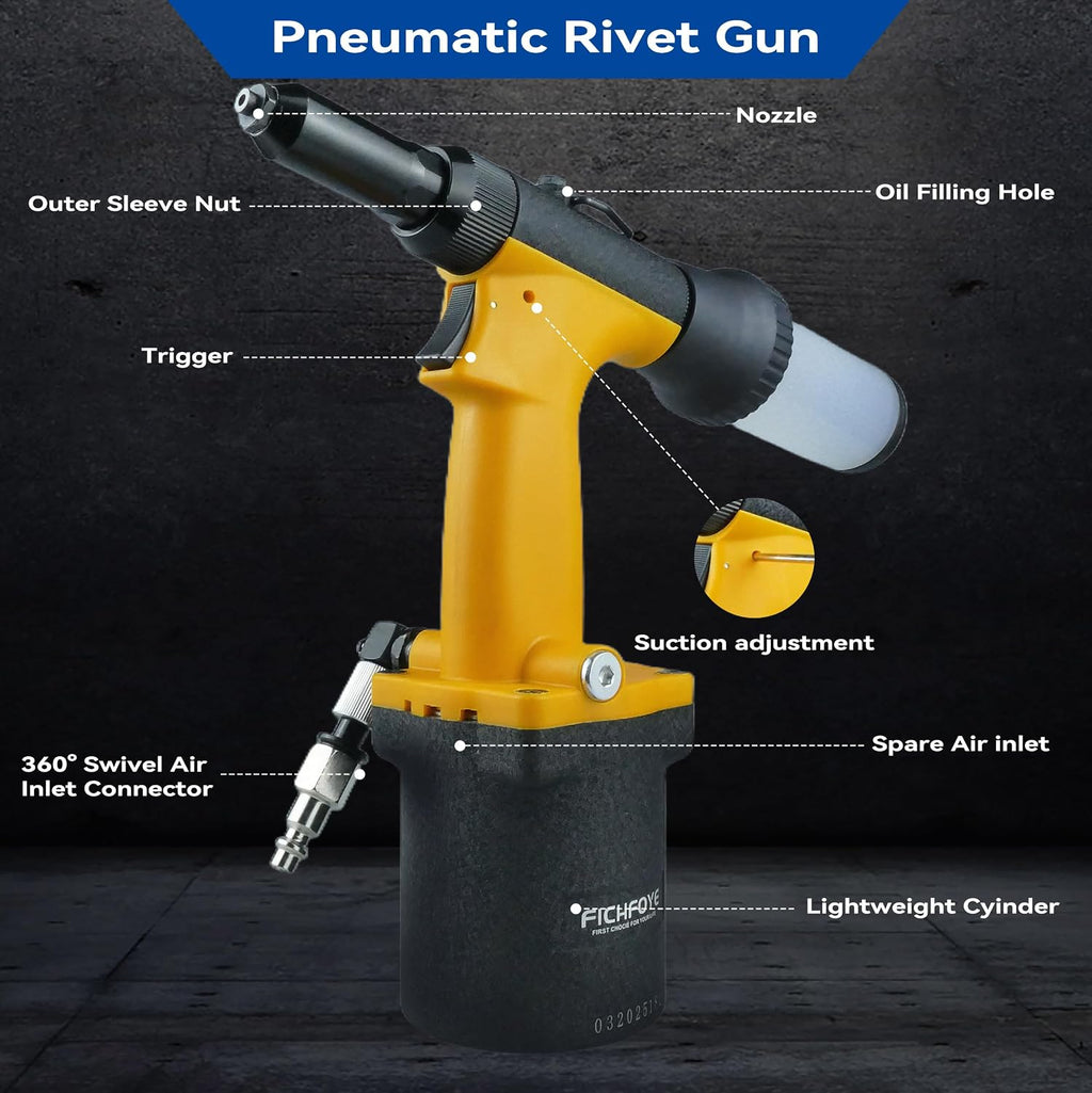Self-Suction Pneumatic Rivet Gun Kit, Industrial Air Hydraulic Pop Riveter with 5 Nozzles (3/32'–1/4'), 4000LBF Heavy Duty Riveting Tool for Automotive, Construction & Manufacturing