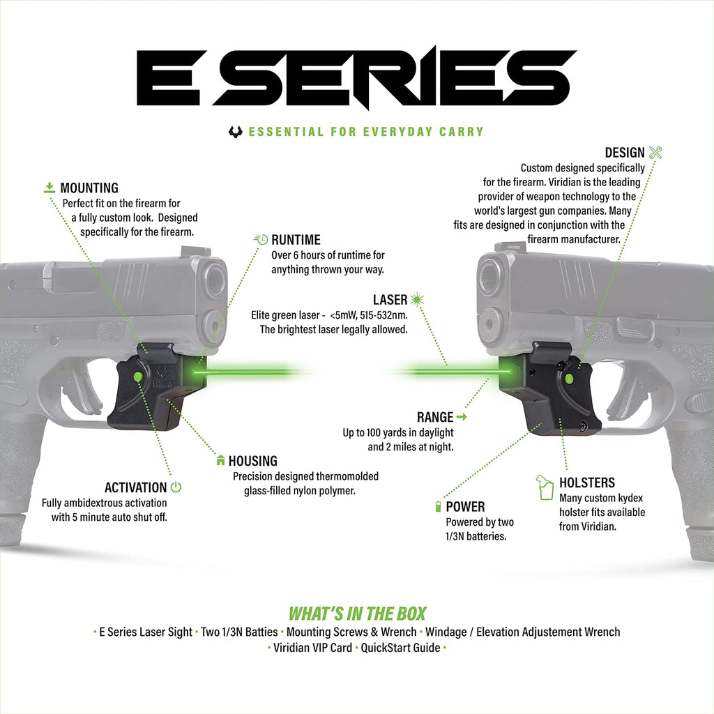 Viridian E Series Green Laser Sight, Custom Gun Fits, Railed or Non-Railed Pistols, Class 3R Green Laser Sight, 5mW Output
