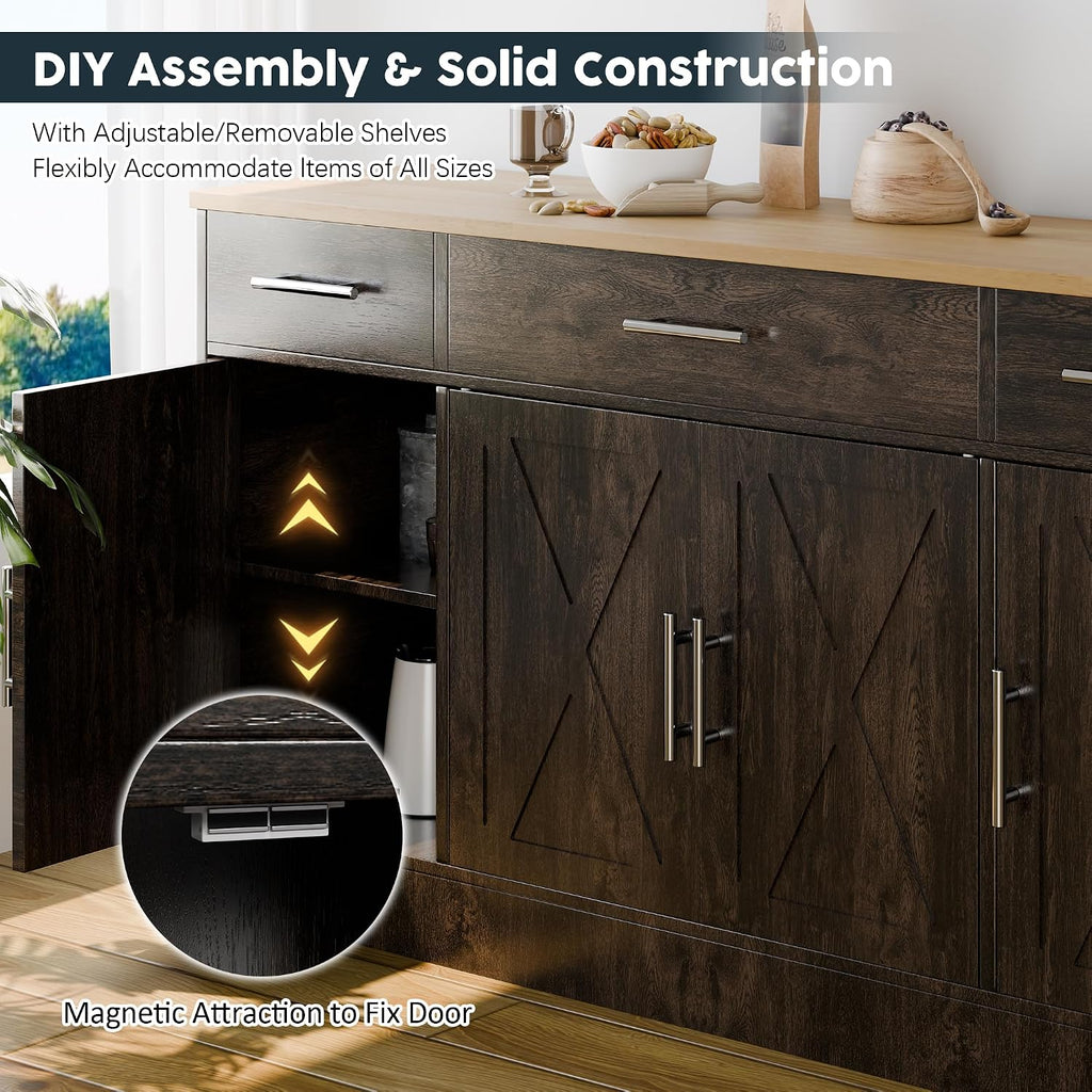 SUNLEI Kitchen Storage Cabinets, Farmhouse Buffet Cabinet with 4 Doors and 3 Drawers, Sideboard Small Storage Cabinet with Adjustable Shelf, for Kitchen, Dining Room & Living Room, Brown
