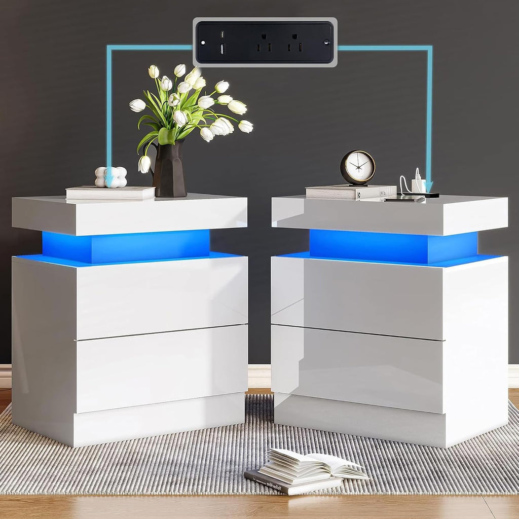 AMERLIFE High Gloss End Table Set of 2 with Charging Station, Modern Bedside Table Night Stand with Lights, LED Nightstand with Drawers for Bedroom Living Room, White