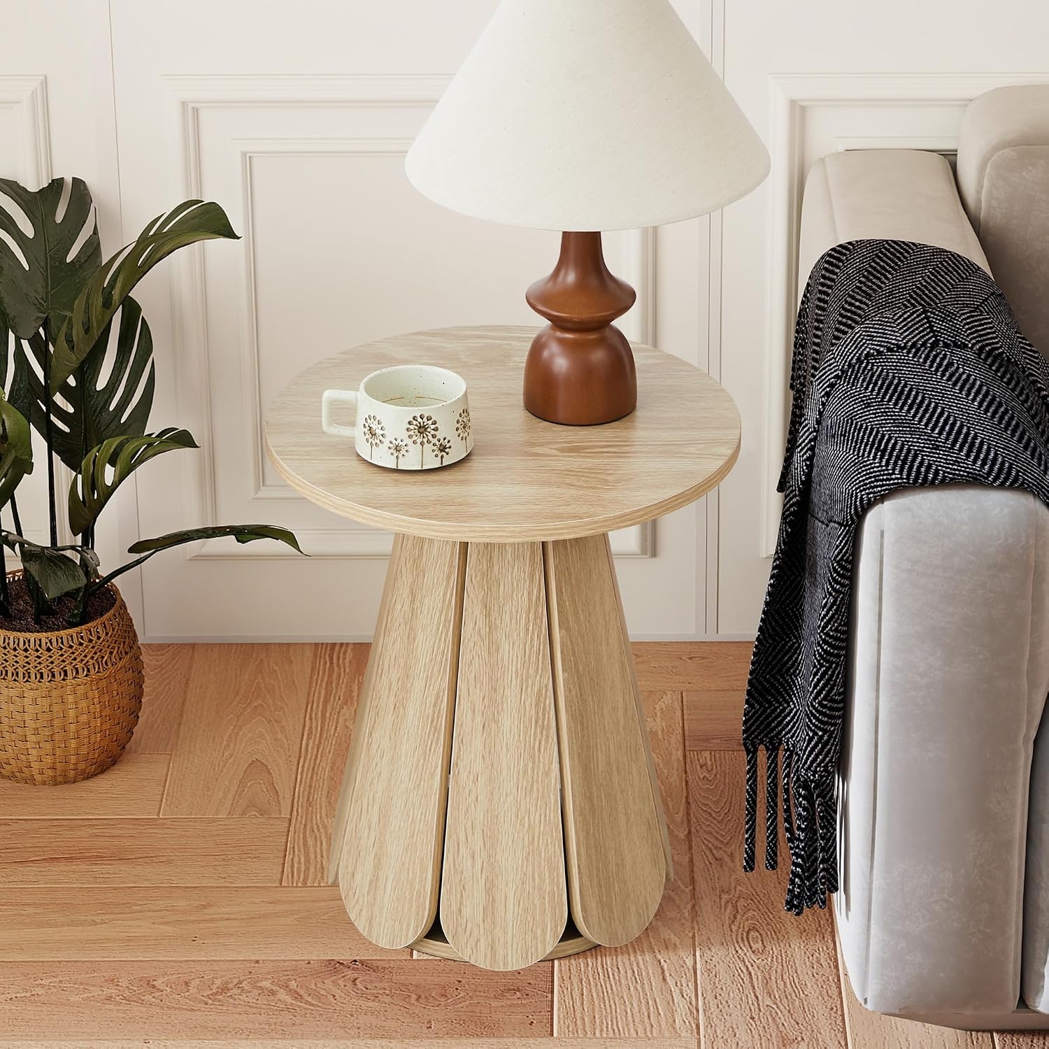 Round End Table Nightstand Set of 2, Mid Century Modern Side Table, Circle Bedside Tables Wood Night Stands for Bedroom, Living Room, Small Space, Natural