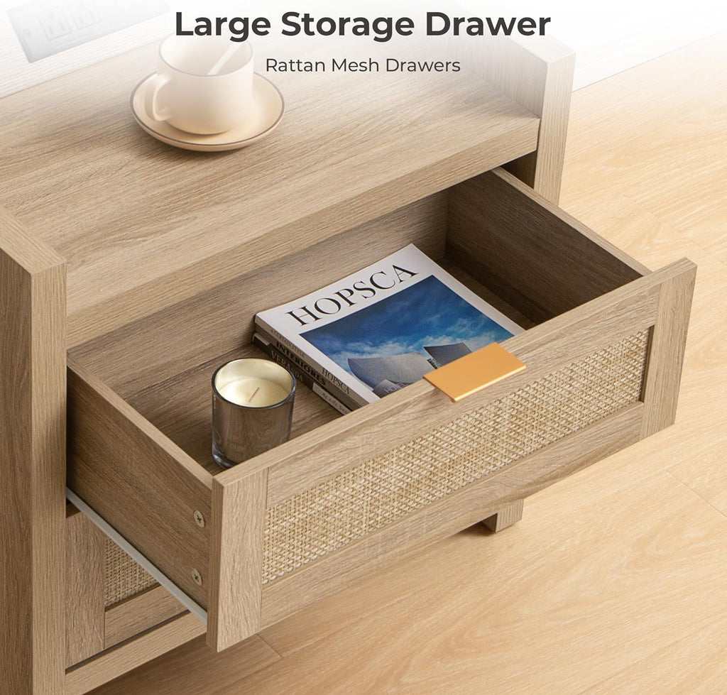 SICOTAS Rattan Nightstands Set of 2 Bedside Table - Bedroom Night Stand with Type-C Charging Station, 2 Drawers Storage - Boho Night Stands End Table for Bedroom Office - Light Oak