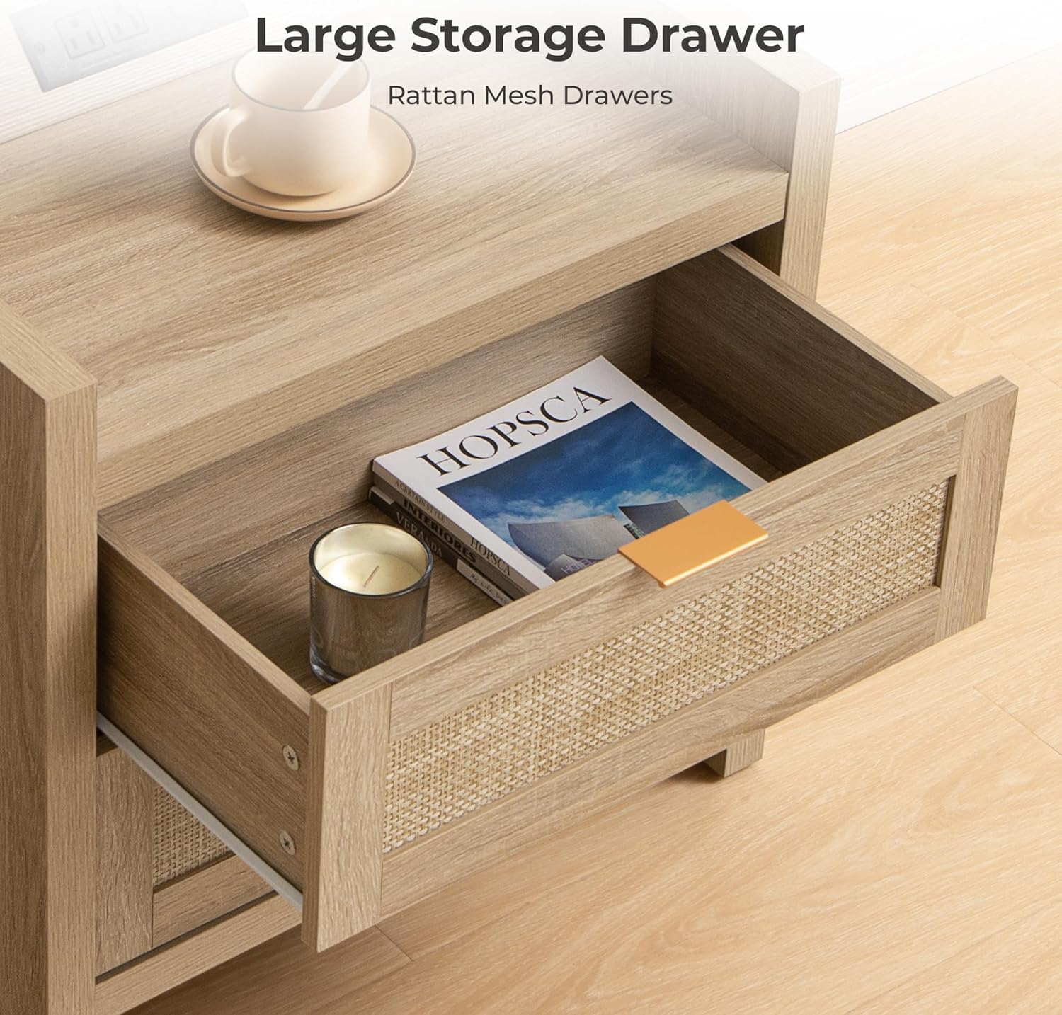 SICOTAS Rattan Nightstands Set of 2 Bedside Table - Bedroom Night Stand with Type-C Charging Station, 2 Drawers Storage - Boho Night Stands End Table for Bedroom Office - Light Oak