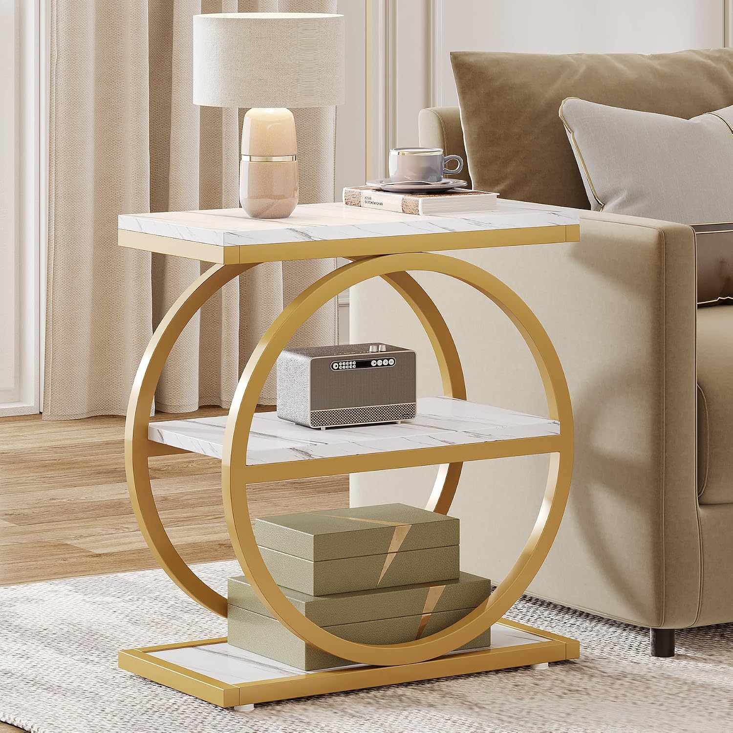 Tribesigns End Table with Storage Shelves Pack of 2, 3-Tier Wooden Industrial Sofa Side Table with Black Metal Frames for Living Room, Slim Nightstand and Bedside Table for Bedroom, White & Gold