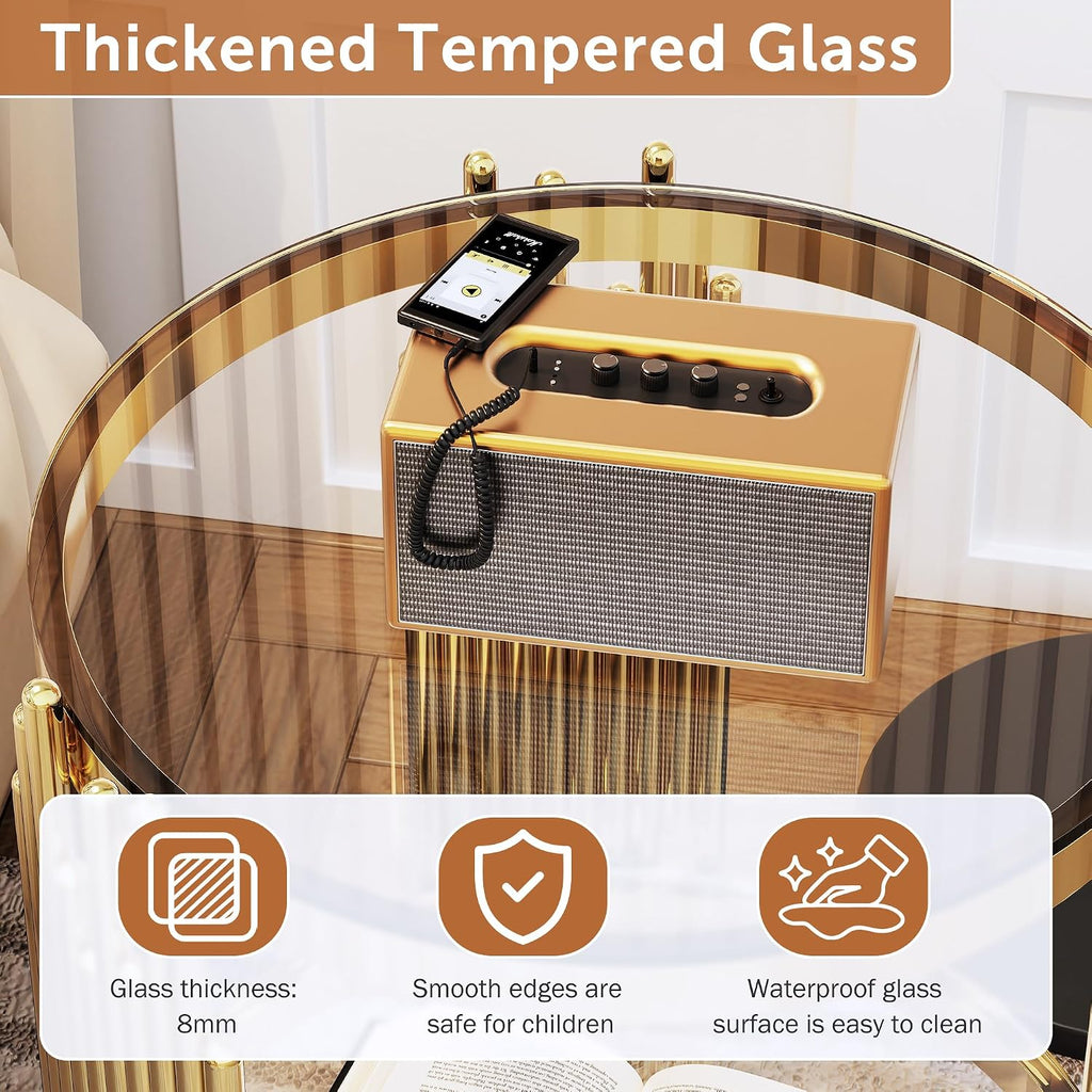 Luxury Gold Round Glass End Table Set of 2, 19.7' Modern Side Table with Stainless Steel Irregular Leg Clear Tempered Glass Tabletop, Accent Furniture for Living Room, Clear