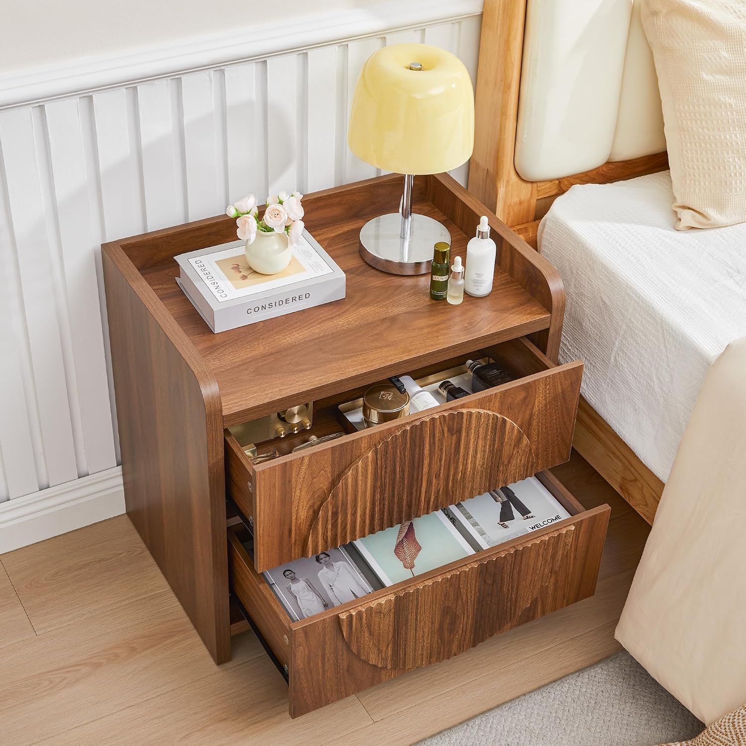 24 Inch Wide Fluted Nightstands for Bedroom, Mid Century Modern Bedside Table, Large Night Stand with 2 Drawers, Wooden End Table with Storage, Walnut