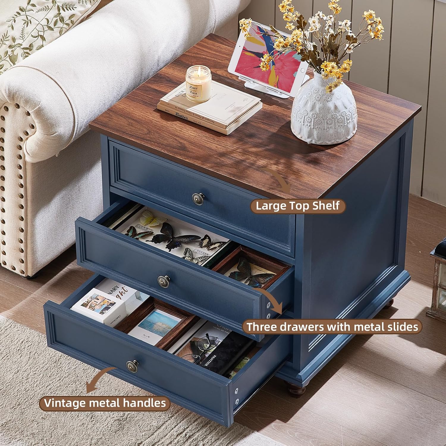 Joaxswe 24' Wide Farmhouse Night Stand Set of 2,Large End Table with 3 Drawers & Metal Handle,Blue Wood Dresser for Bedroom Cabinet, Bed Side Table Chest of Drawers,Nightstand for Living Room,Closet