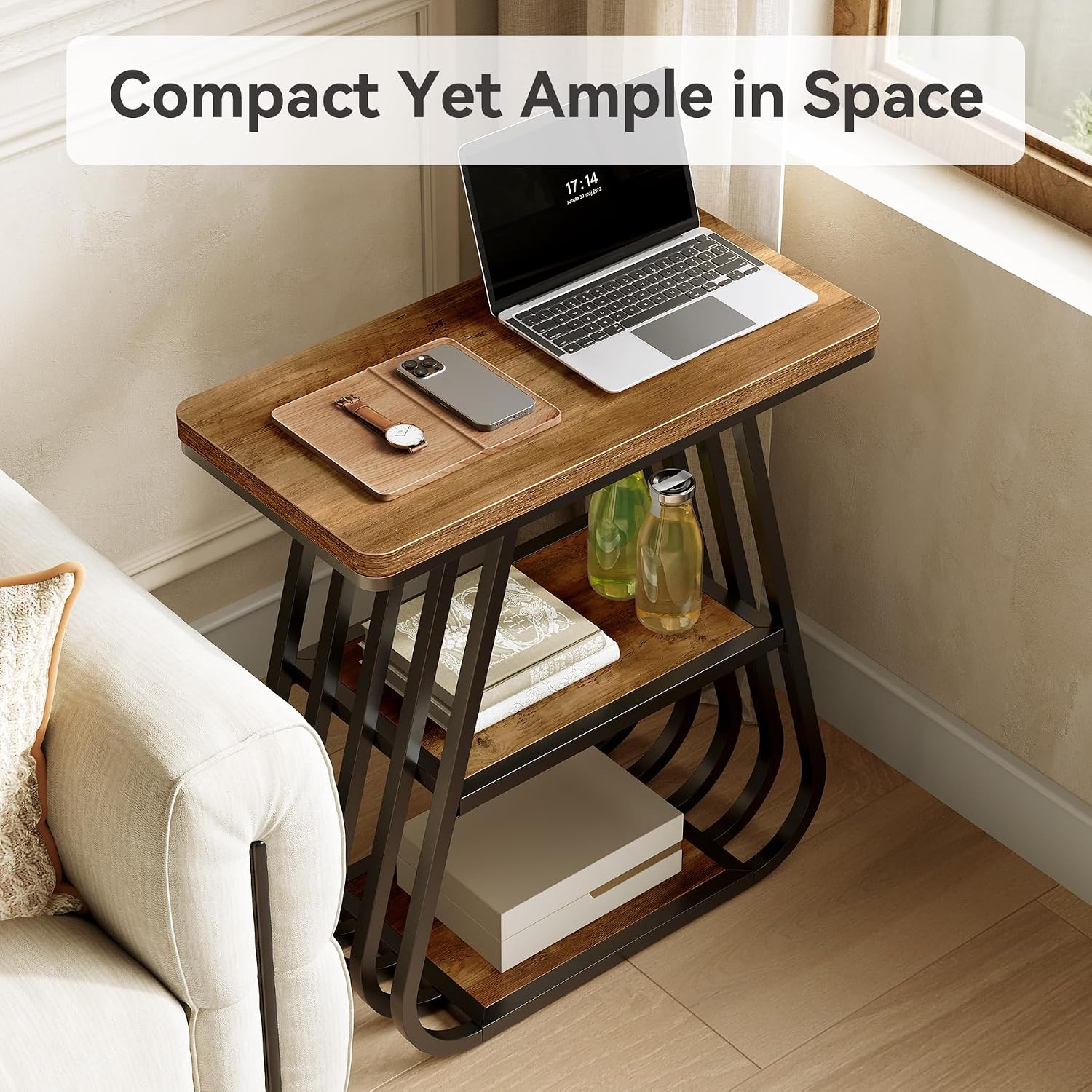 LITTLE TREE End Table for Living Room, 3-Tier Side Table for Small Spaces, Industrial Narrow Side Table with Storage Shelf in Oak Brown and Black (Set of 2)