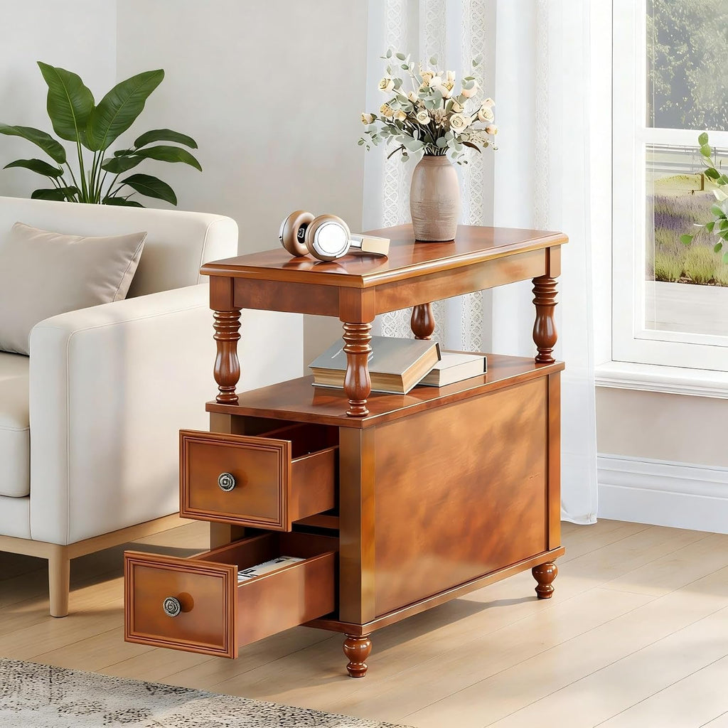 Tribesigns Wood End Table with 2 Drawers, Mid-Century Wooden Slim Side Table Nightstands with Storage Shelf, Accent Table for Living Room, Easy to Assemble (Walnut)