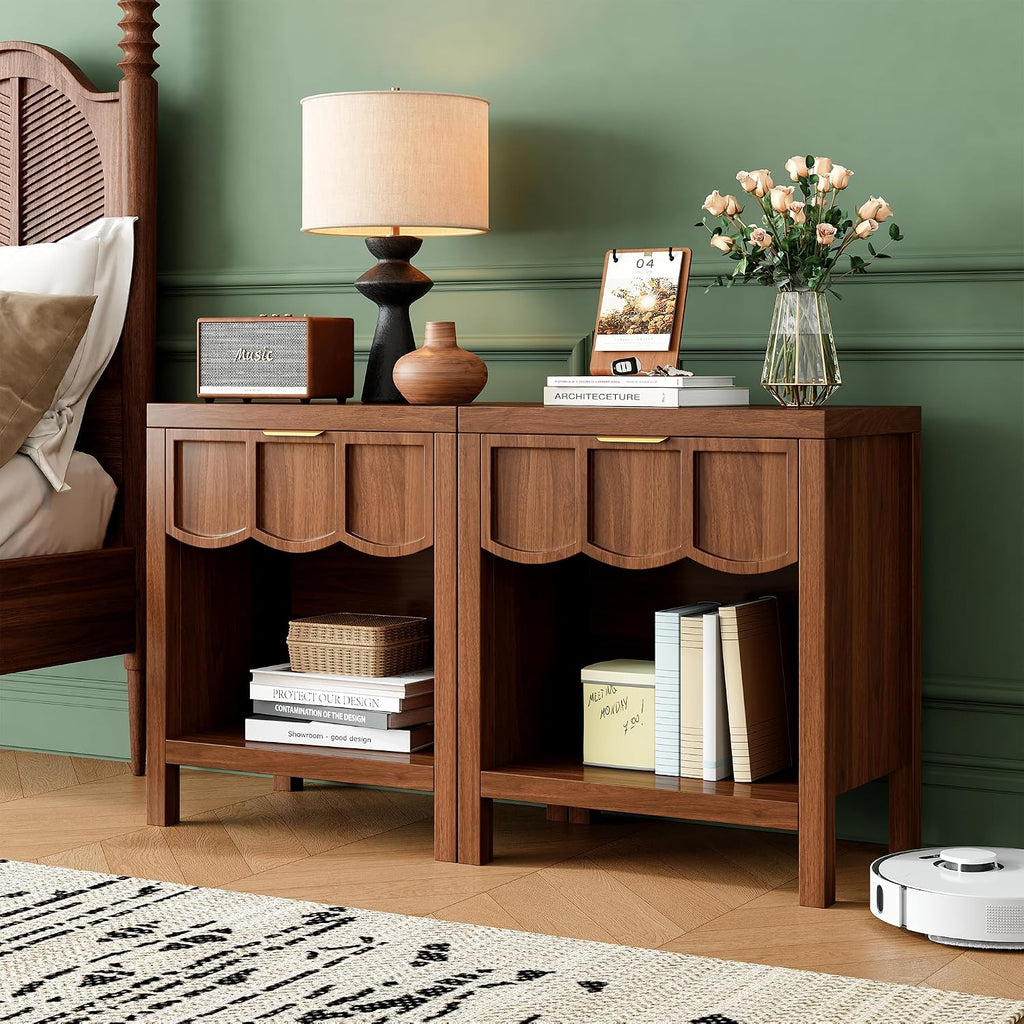 24' Nightstand Set of 2, Solid Wood End Table with Wave Panel Drawer, Mid Century Modern Chest of Drawers, Wooden Side Table Bedside Table for Bedroom, Living Room, Small Space, Walnut