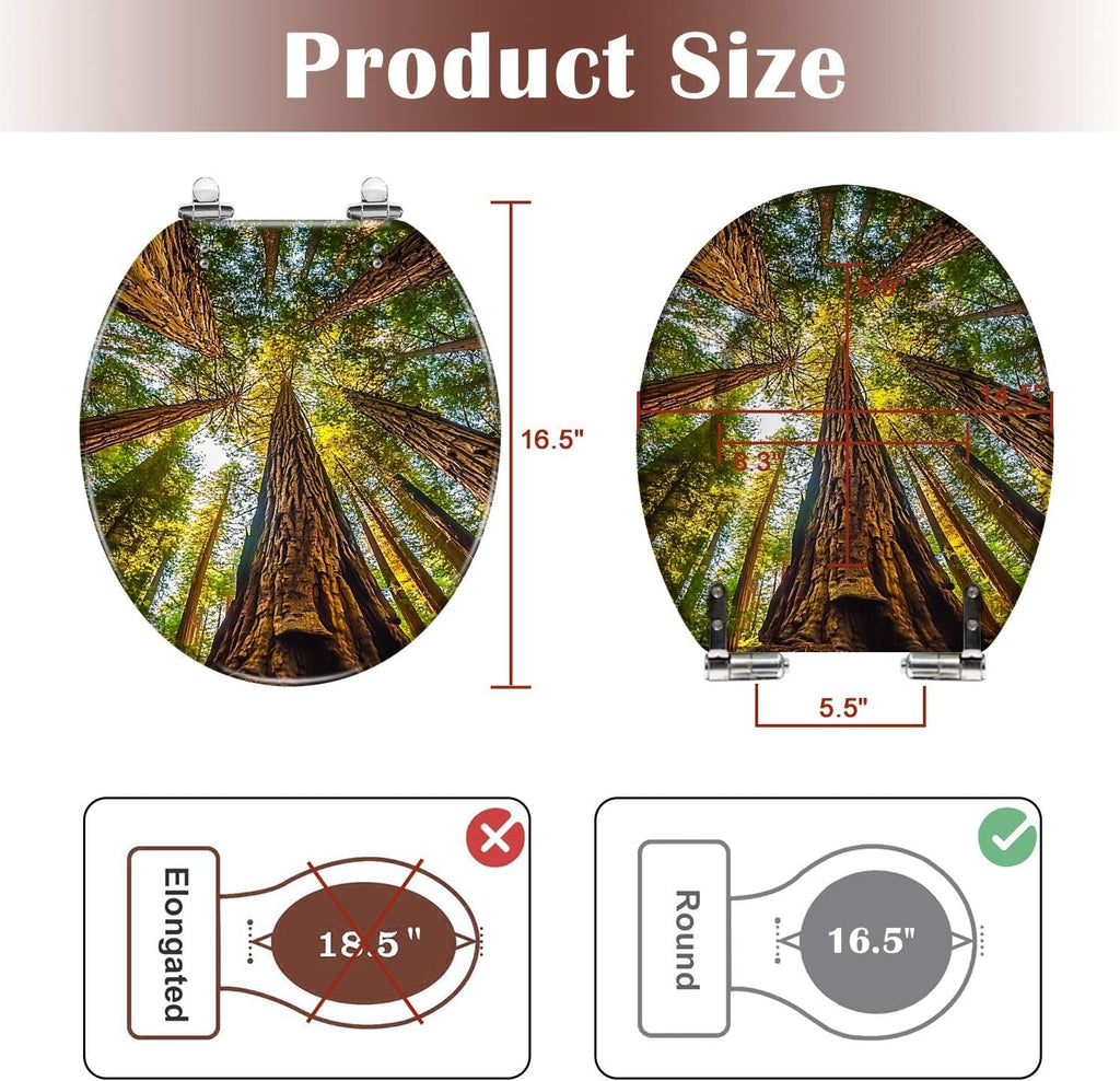 Round Toilet Seat Secuoia Forest Resin Toilet Seat Slow Quiet Close with Quick-Release Hinges Toilet Seat with Cover Easy to Clean Install
