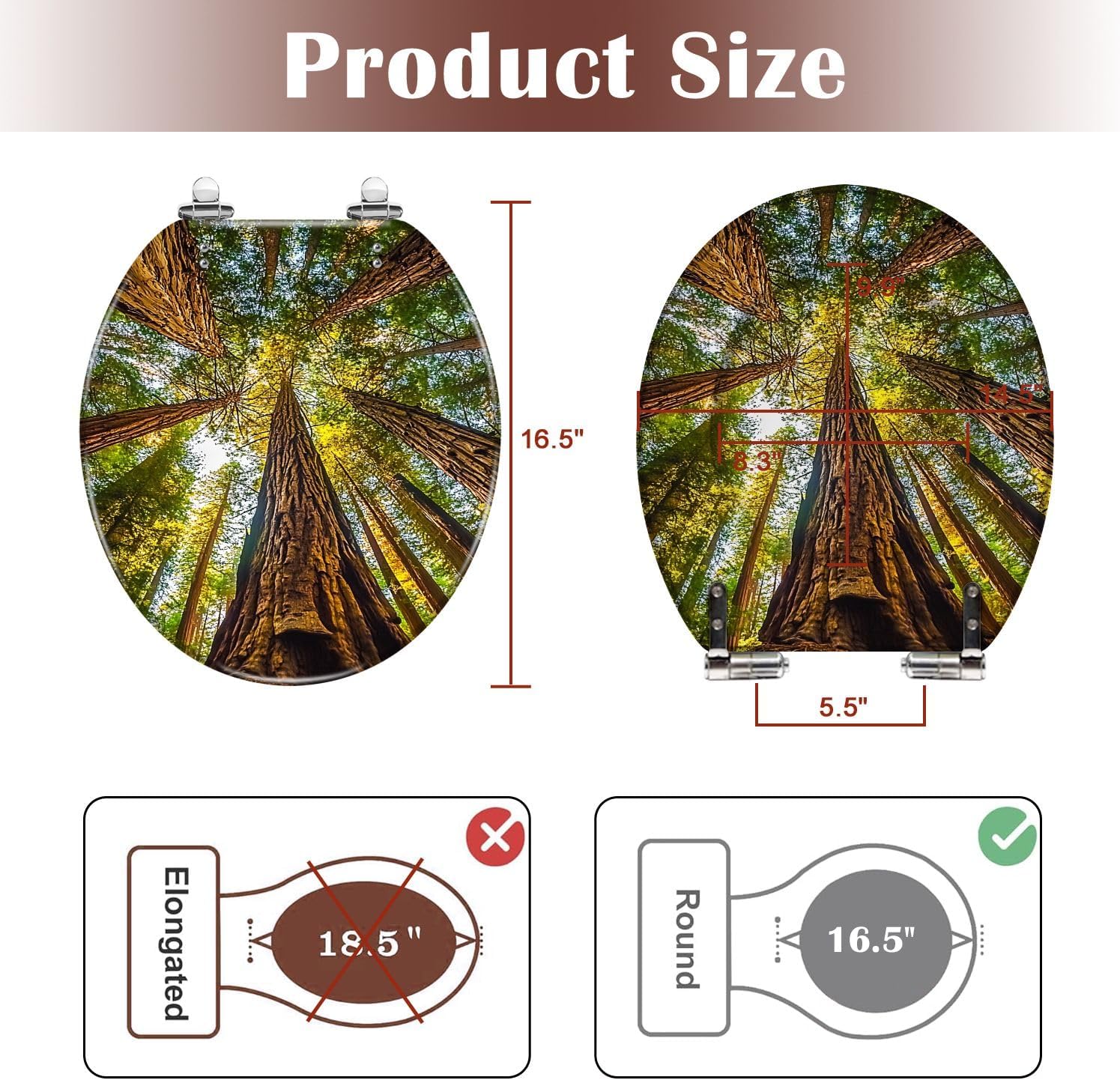 Round Toilet Seat Secuoia Forest Resin Toilet Seat Slow Quiet Close with Quick-Release Hinges Toilet Seat with Cover Easy to Clean Install