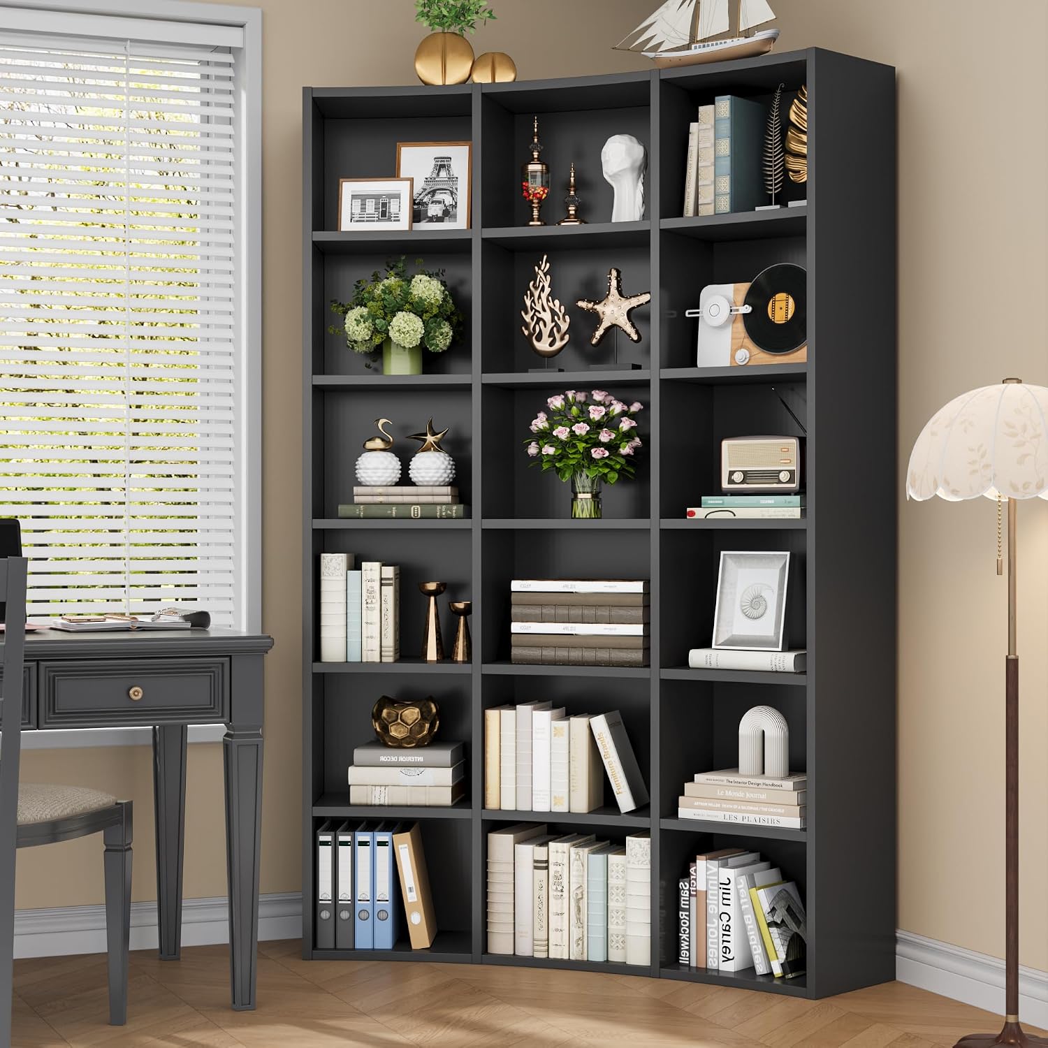 71' Curved Bookshelf,Triple Width 6 Tier Bookcase with Storage Cabinet,Modern Tall Bookshelf with 18 Open Display Shelves, Floor Standing Book Shelf for Living Room,Black