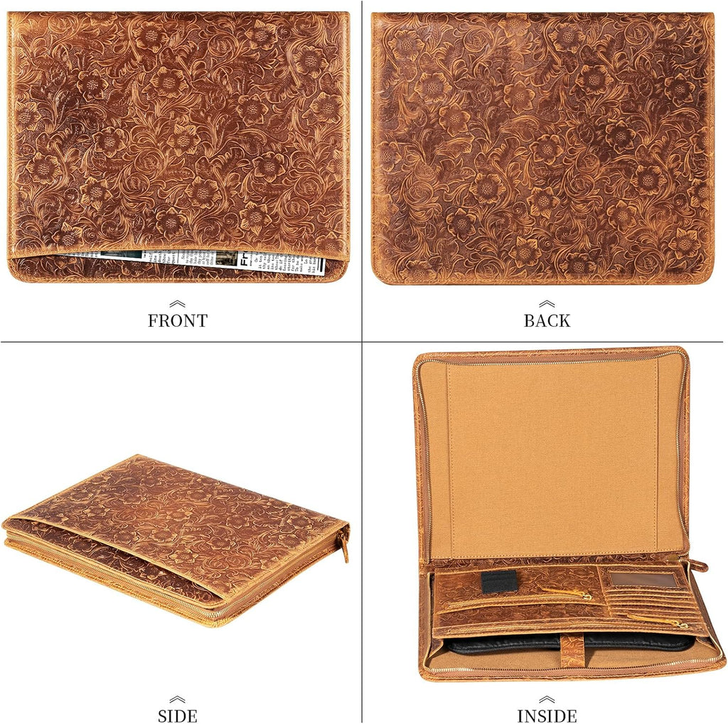 Gexmil Leather Portfolio Organizer for Women Men, Business Padfolio Folder with Zipper, Full Grain Leather,Interview Legal Document File Resume Organizer, A4 Writing Notepad Padfolio, Floral Brown