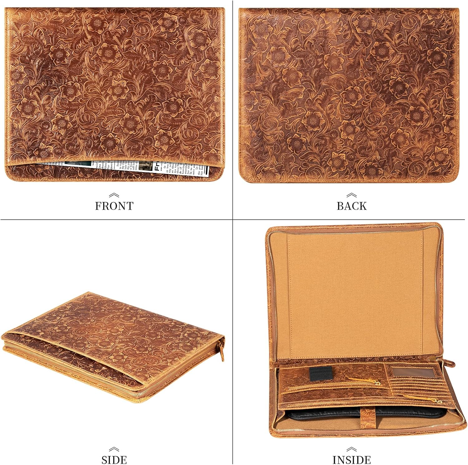 Gexmil Leather Portfolio Organizer for Women Men, Business Padfolio Folder with Zipper, Full Grain Leather,Interview Legal Document File Resume Organizer, A4 Writing Notepad Padfolio, Floral Brown