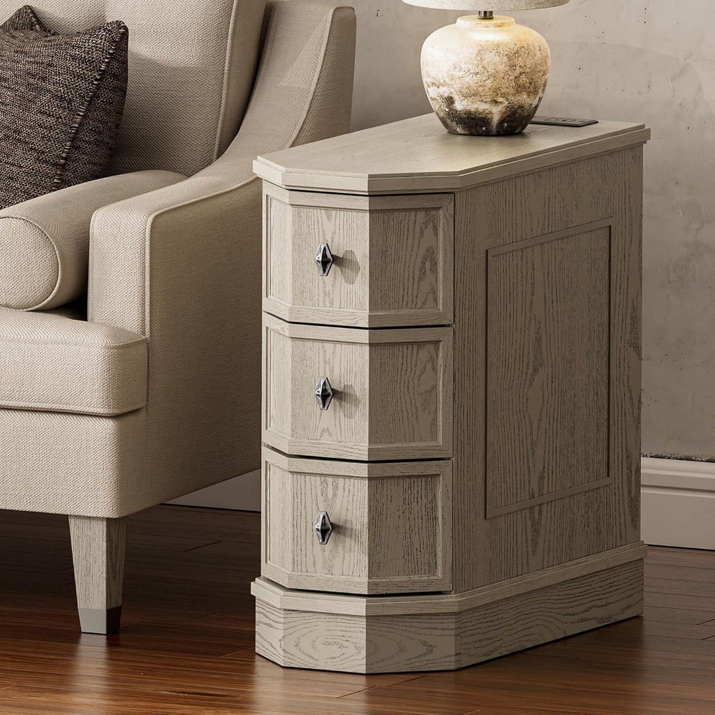 Nightstand Set of 2 with Charging Station, Vintage Wood End Table with 3 Drawer, Victoria Narrow Side Table, Slim Bedside Tables for Bedroom, Pre-Installation, Light Gray