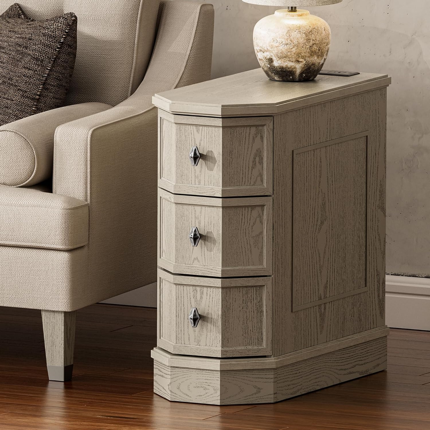 Nightstand Set of 2 with Charging Station, Vintage Wood End Table with 3 Drawer, Victoria Narrow Side Table, Slim Bedside Tables for Bedroom, Pre-Installation, Light Gray