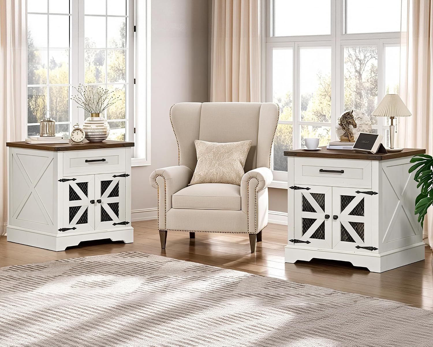 RALGEND White Farmhouse End Table Set of 2, 24' Large Sofa Side Table with Drawer, Large End Table for Living Room, Wooden Nightstand with Charging Station, Square, White and Walnut
