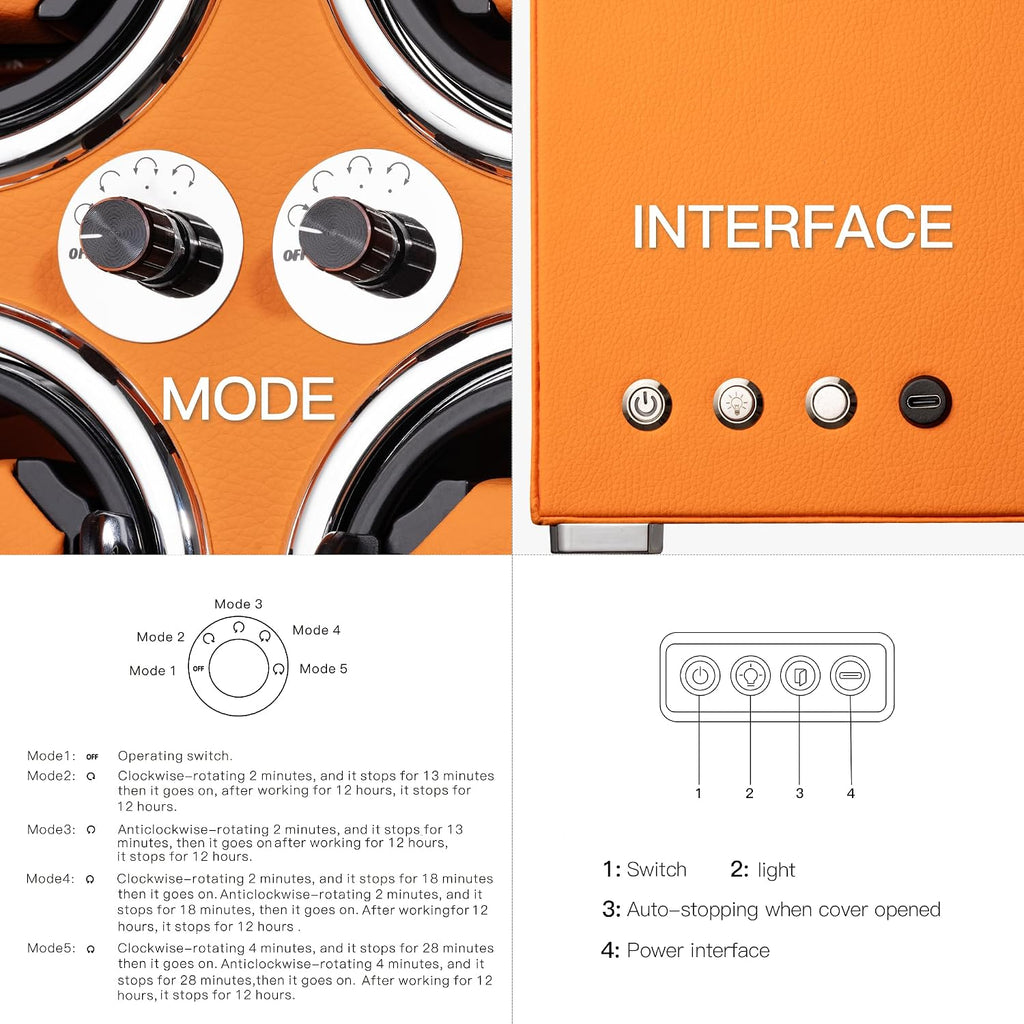 Watch Winder for 2/4/6/9 Automatic Watches, high-end Leather Making, Super Quiet Mabuchi Motor, Two Power Modes, Built-in led Lights