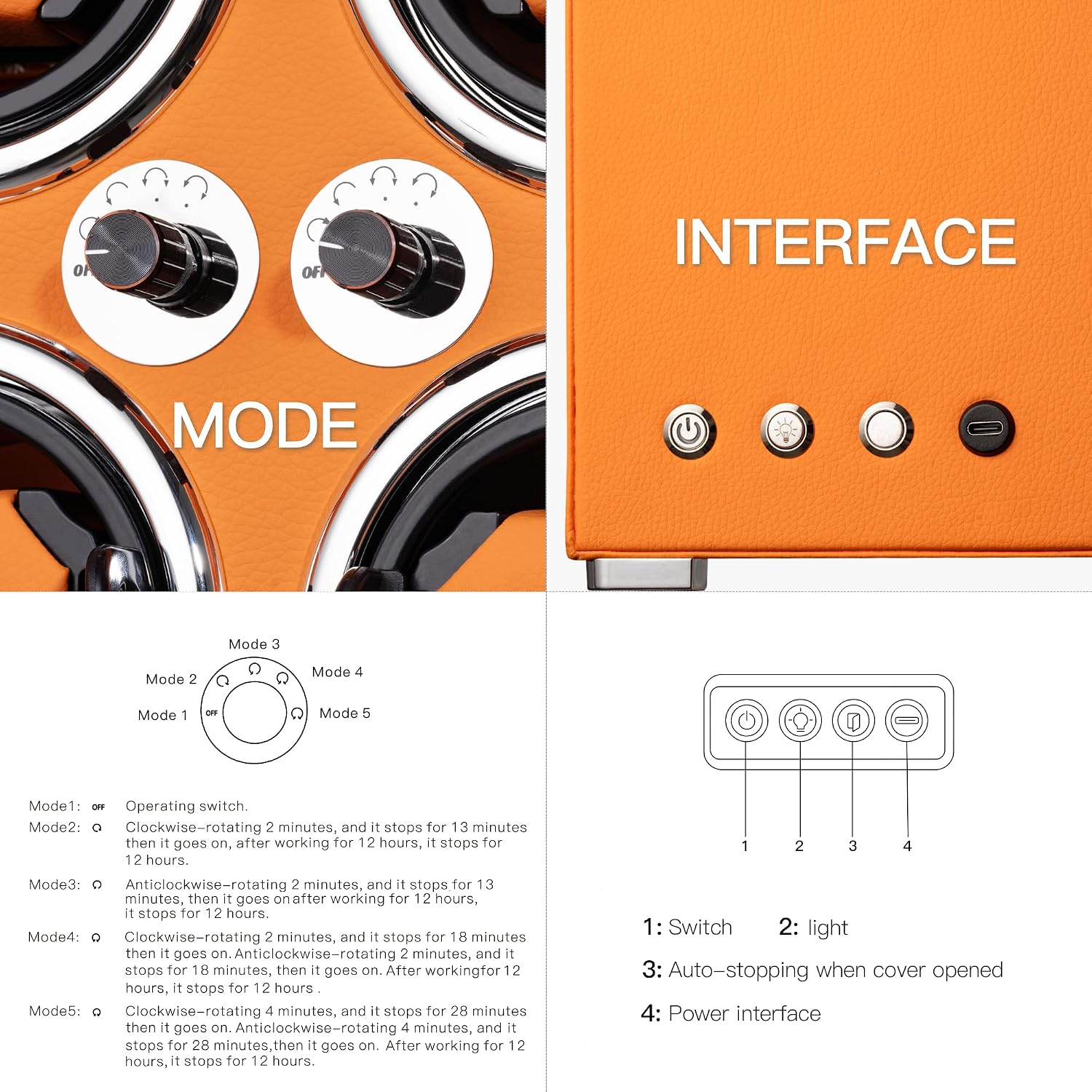 Watch Winder for 2/4/6/9 Automatic Watches, high-end Leather Making, Super Quiet Mabuchi Motor, Two Power Modes, Built-in led Lights