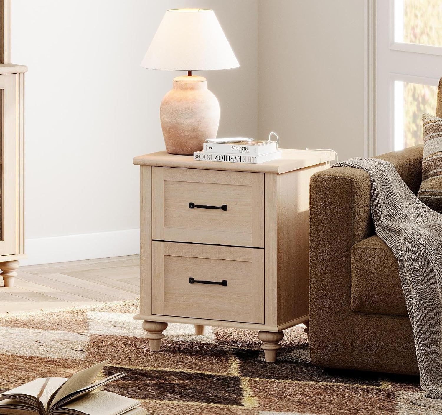 WAMPAT Night Stands for Bedrooms Set of 2 End Tables with Charging Station, 2 Drawer Nightstand Wooden Bedside Table, Farmhouse Side Table for Living Room & Study, Beige