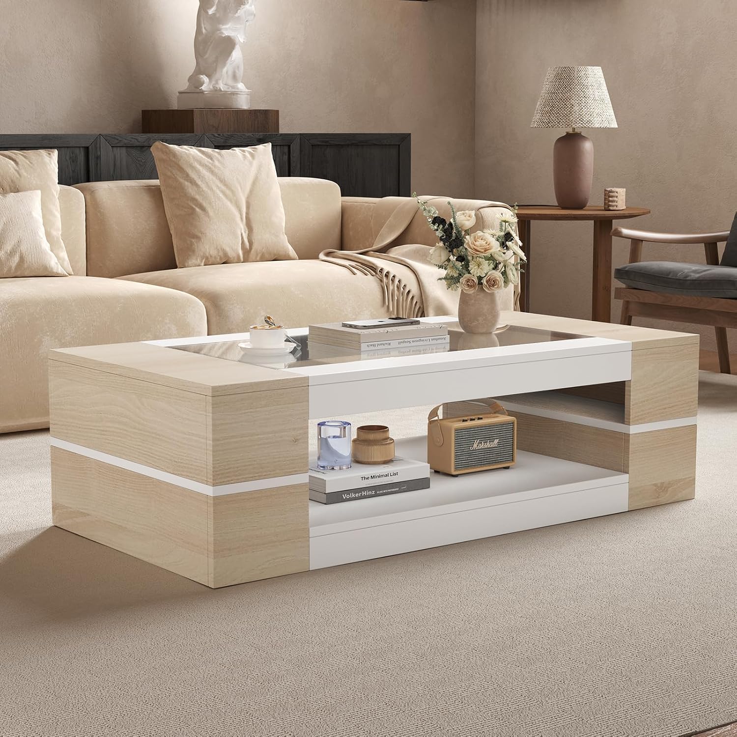 HedoAjim 47.2' Modern Stylish Coffee Table with Glass Table Top, Large Living Room Table Rectangular 2-Tier Center Tables with Storage, Wood Cocktail Tea Tables for Dining Reception Room Natural