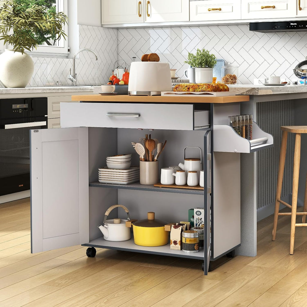 Kitchen Island with Storage, 44' Width Rolling Kitchen Cart on Wheels with Drawer, Adjustable Shelf, Spice Rack and Towel Bar, Wooden Island Table for Dining Room, Living Room (Grey)