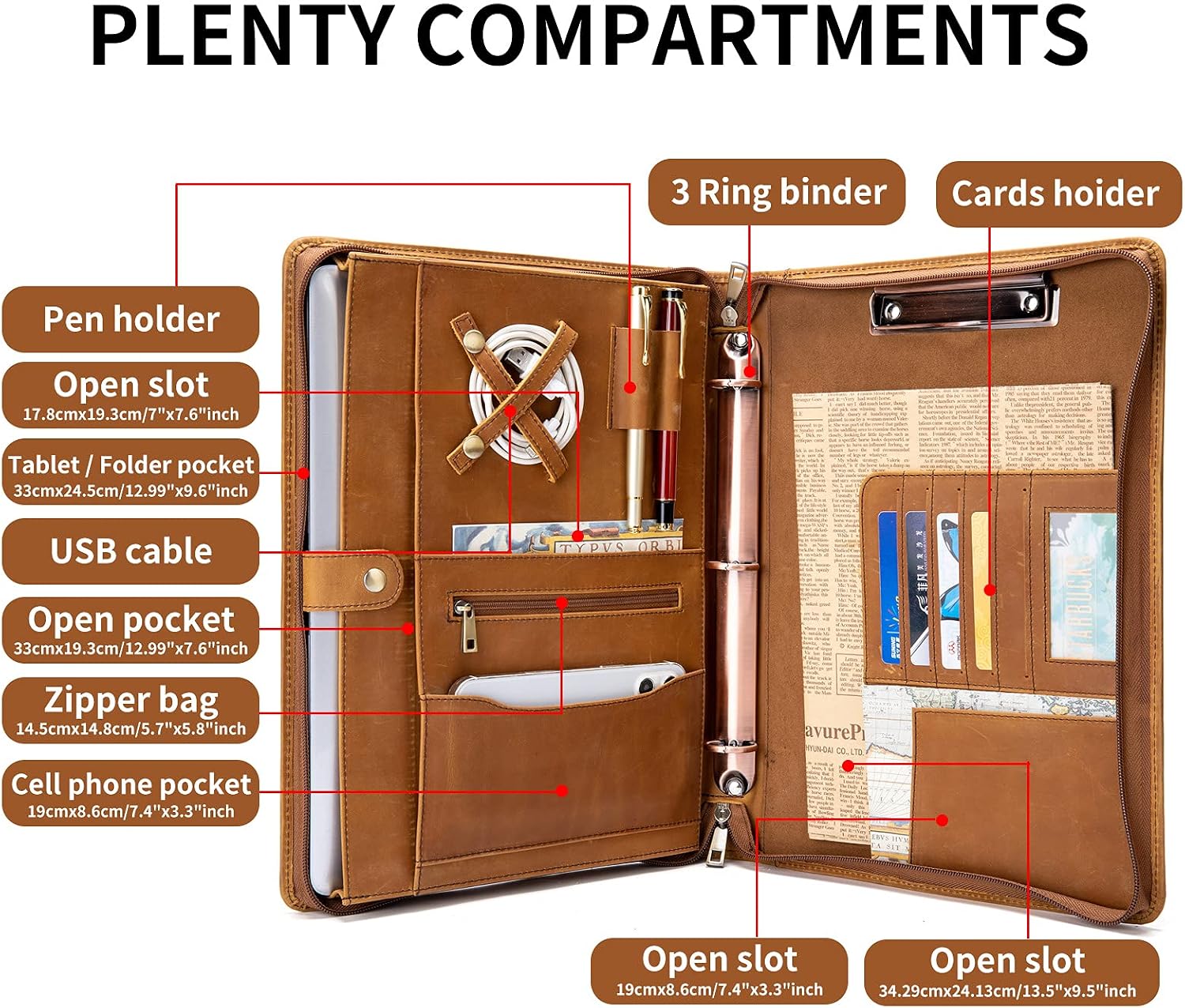 YIWEN Personalized Leather Portfolio with Handle, 3 Ring Binder, Zippered Padfolio for 13' Tablet, 8.5 x 11 Notepad, Professional Business Document Organizer (Brown, Crazy Horse Leather)