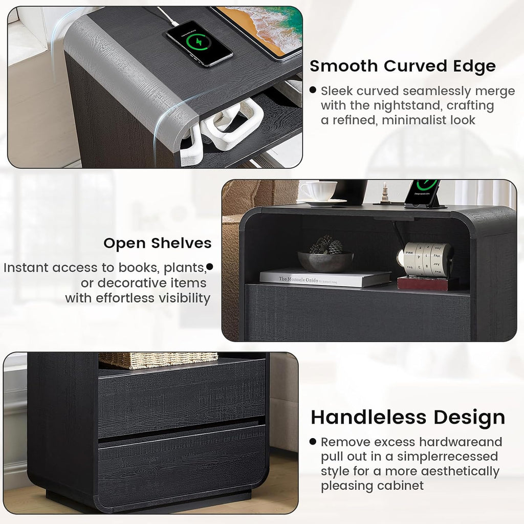 Standifurno Curved Black Nightstand with Charging Station, 25' Tall Wood Night Stand, Modern Bedside Table with 2 Storage Drawers, End Table for Bedroom, Dorm, Sofa, Office