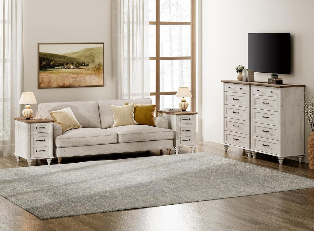 WAMPAT End Table with Charging Station, Antique White Side Table with Storage Cabinet & Drawer, Wooden Nightstand with Power Outlets & Type-C USB Ports for Bedroom, Dorm