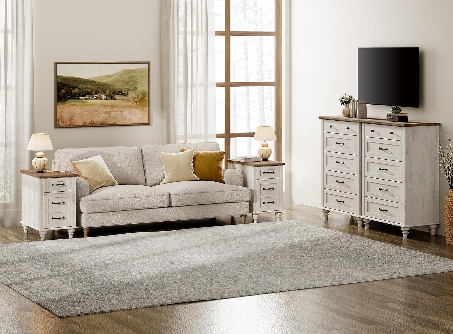 WAMPAT Set of 2 End Tables with Charging Station, Antique White Side Table with Storage Cabinet & Drawer, Wooden Nightstands with Power Outlets & Type-C USB Port for Bedroom