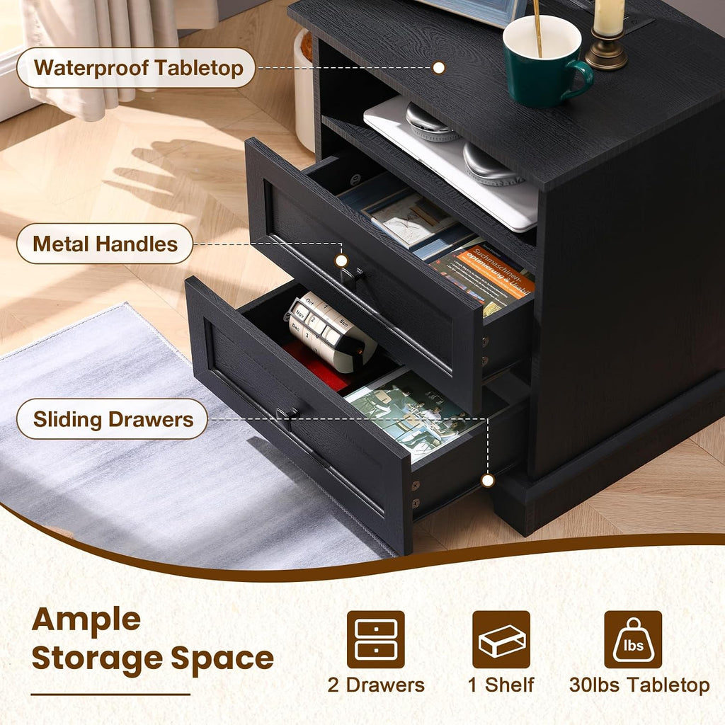 20-Inch Wide Modern Nightstands Set of 2 with Charging Station & Outlets, Bedside Tables with 2 Drawers and Open Shelf, Sleek Design End Tables for Bedroom and Office, Black