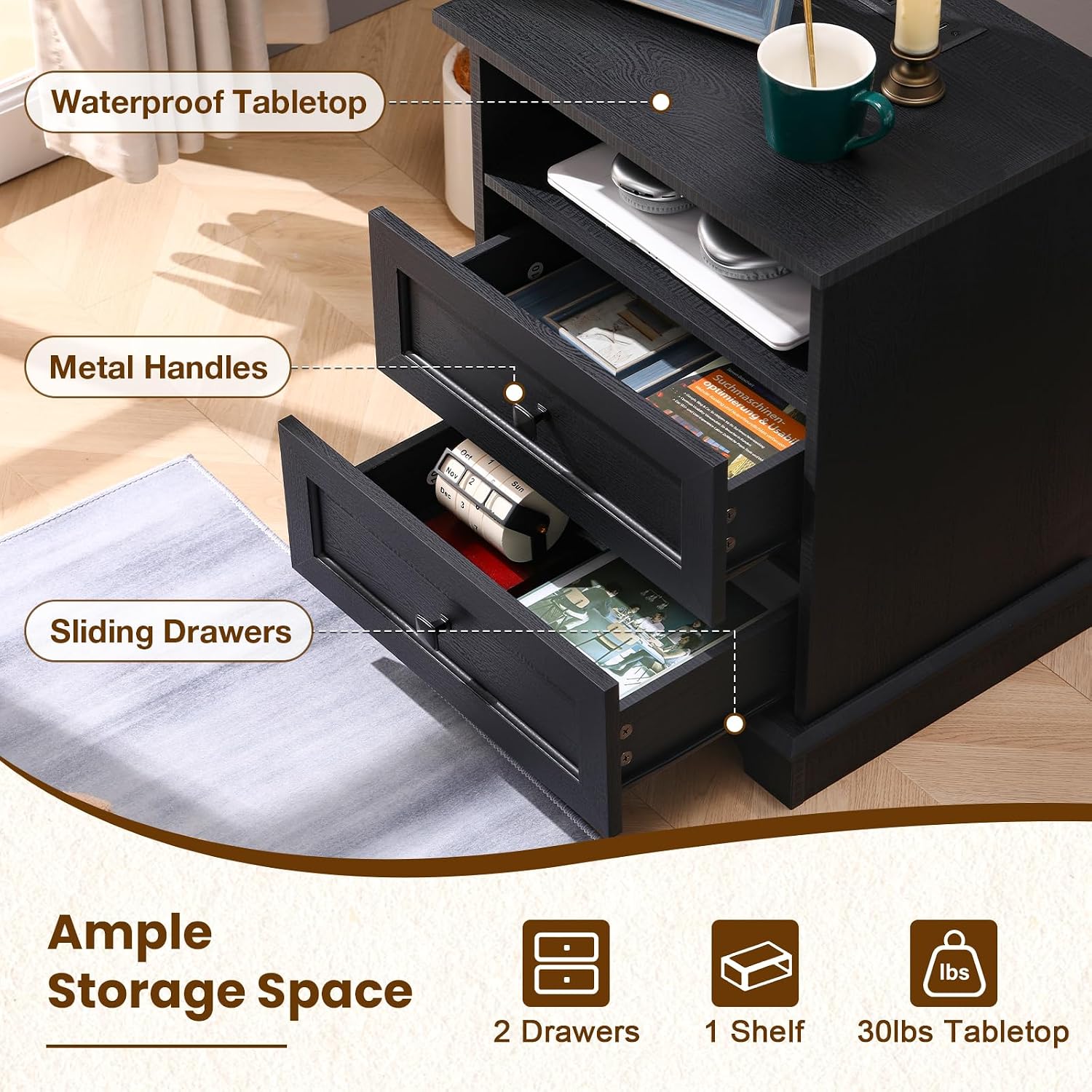 20-Inch Wide Modern Nightstands Set of 2 with Charging Station & Outlets, Bedside Tables with 2 Drawers and Open Shelf, Sleek Design End Tables for Bedroom and Office, Black