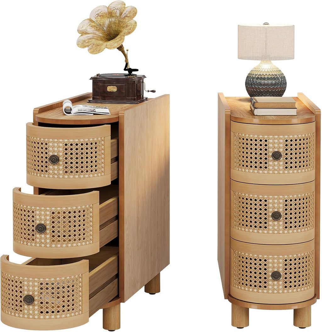 Tribesigns Solid Wood End Table, 3-Drawer Rattan Side Table, Night Stand with 3 Rattan Drawers and Exquisite Embossed Handles for Living Room, No Assembly Required (2, Oak)