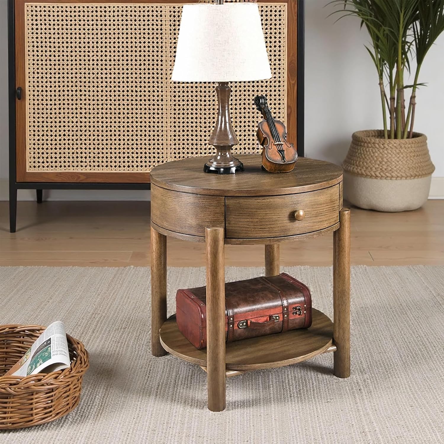 Solid Wood 24' Round End Table with Drawer, 2-Tier Small Sofa Side Table with Open Storage Oak Wood Accent Corner Table Modern Nightstand with Shelf for Living Room Bedroom Office, Brown, 24x25.16in
