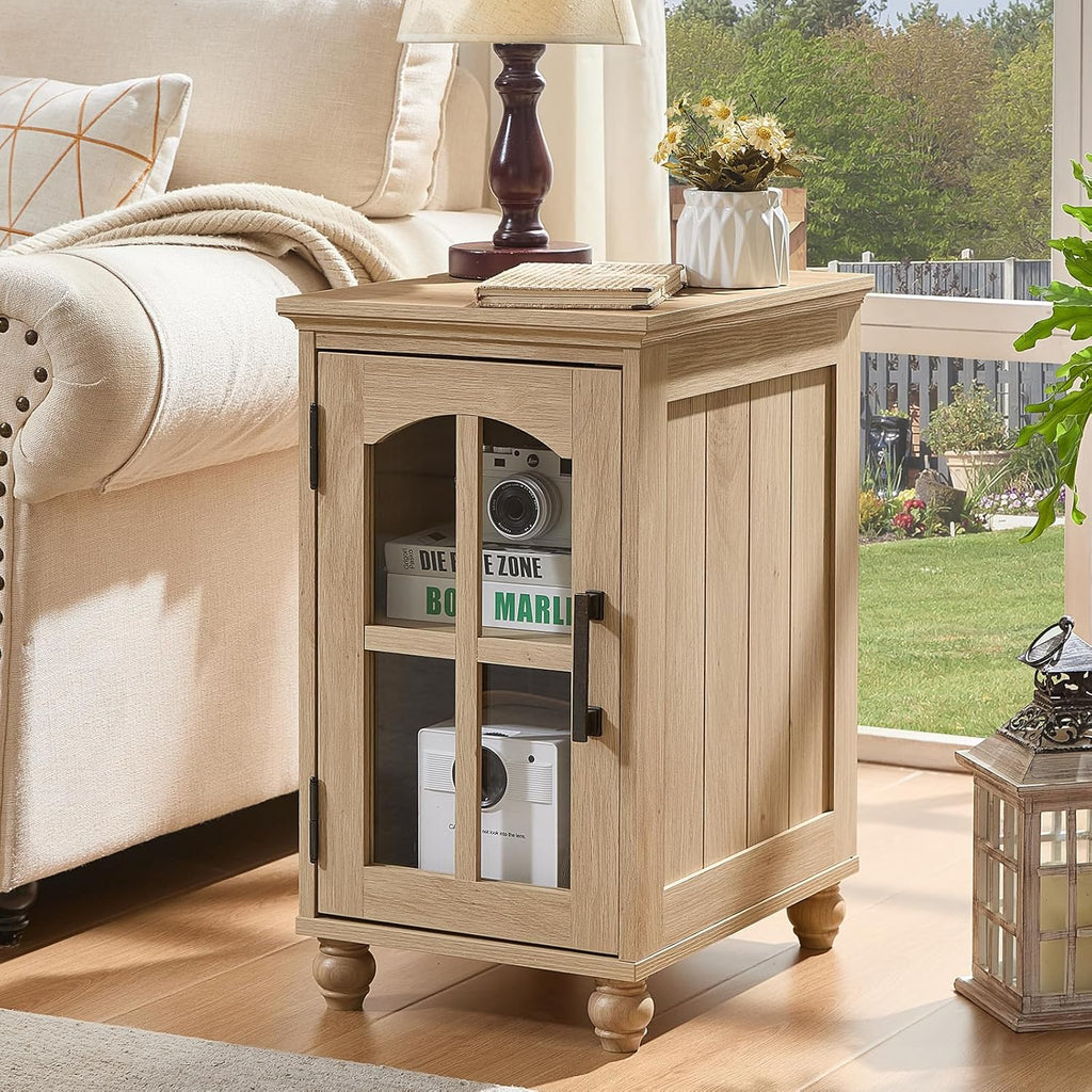 RWYHG End Table Set 2 with Charger Station, 18'' Narrow Nightstand and 24' Large Sofa Side Tables with Glass Barn Door Storage, Farmhouse Night Stands Bedside Table for Living Room,Bedroom
