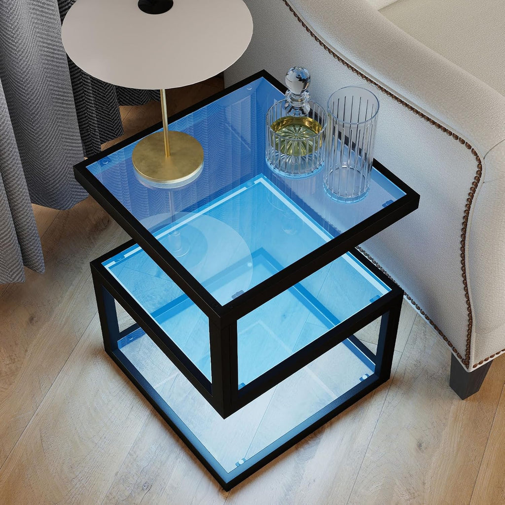 3-Tier Tempered Glass Side Table with Metal Frame, USB Port and Dimmable Blue LED Light Strip for Living Room & Bedroom 15.7' x 15.7' x 19.7' (Square)