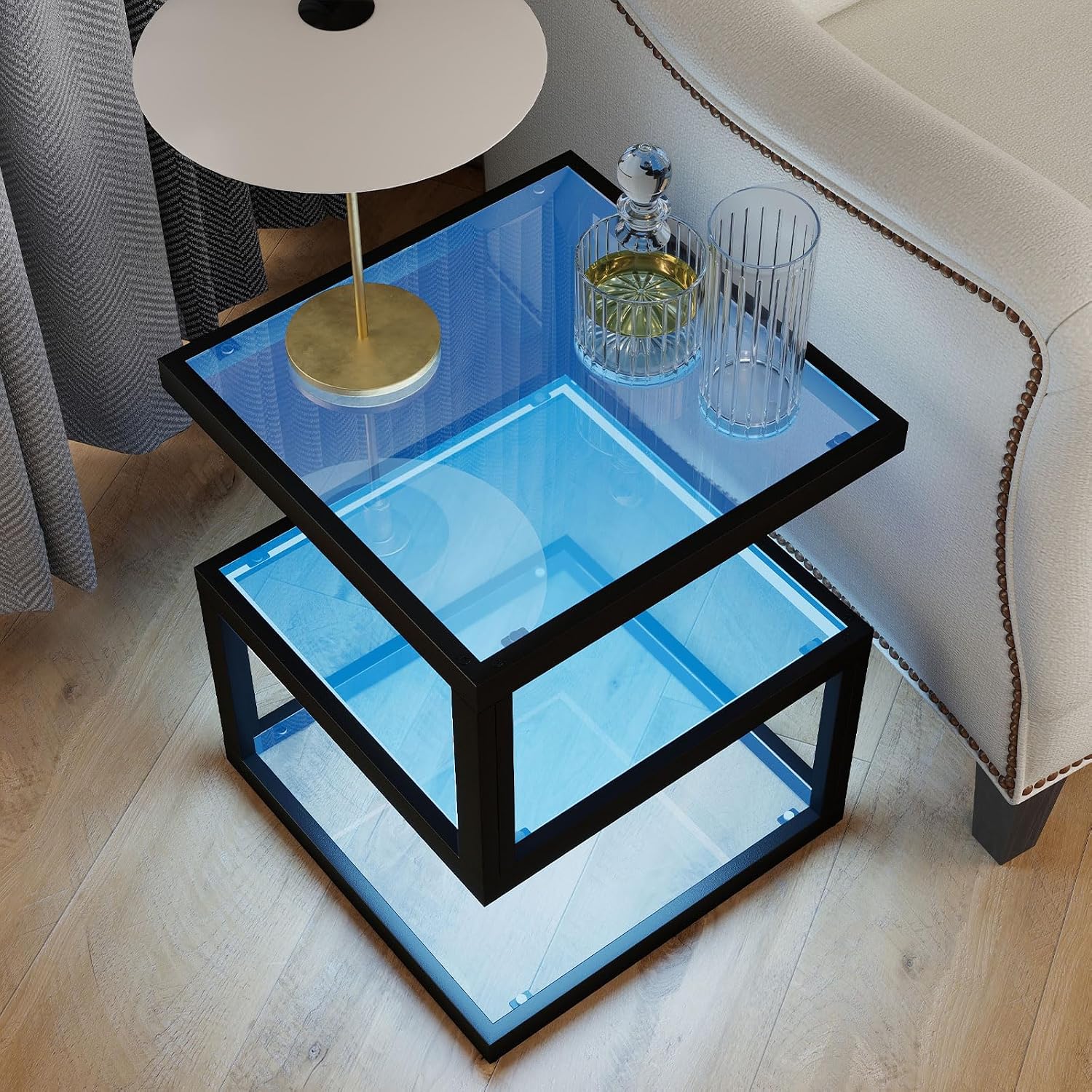 3-Tier Tempered Glass Side Table with Metal Frame, USB Port and Dimmable Blue LED Light Strip for Living Room & Bedroom 15.7' x 15.7' x 19.7' (Square)