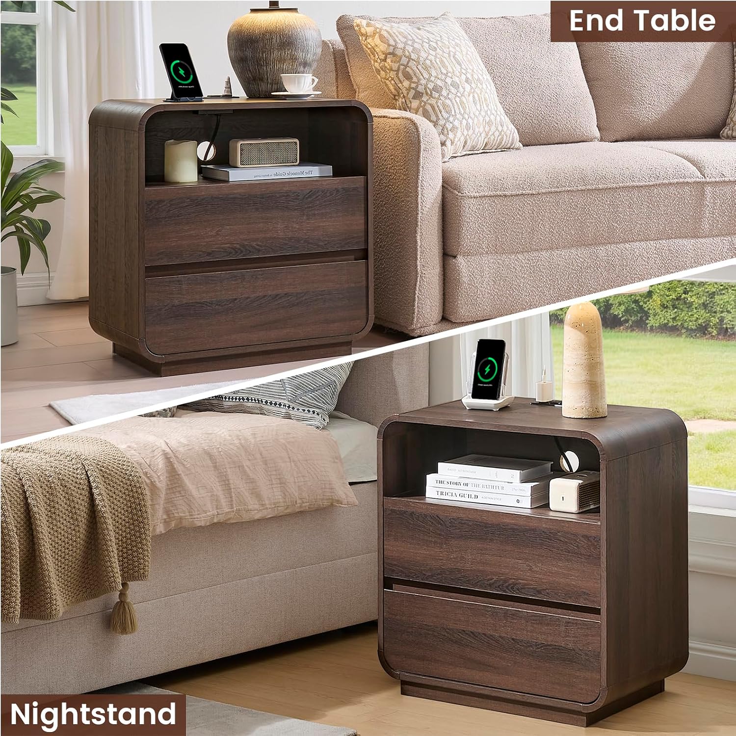 Standifurno Walnut Curved Nightstand Set of 2 with Charging Station, 23.2' Wide Wood Bedside Table 2 Storage Drawers, Modern Side Table Handleless, Large End Table Night Stand for Bedroom