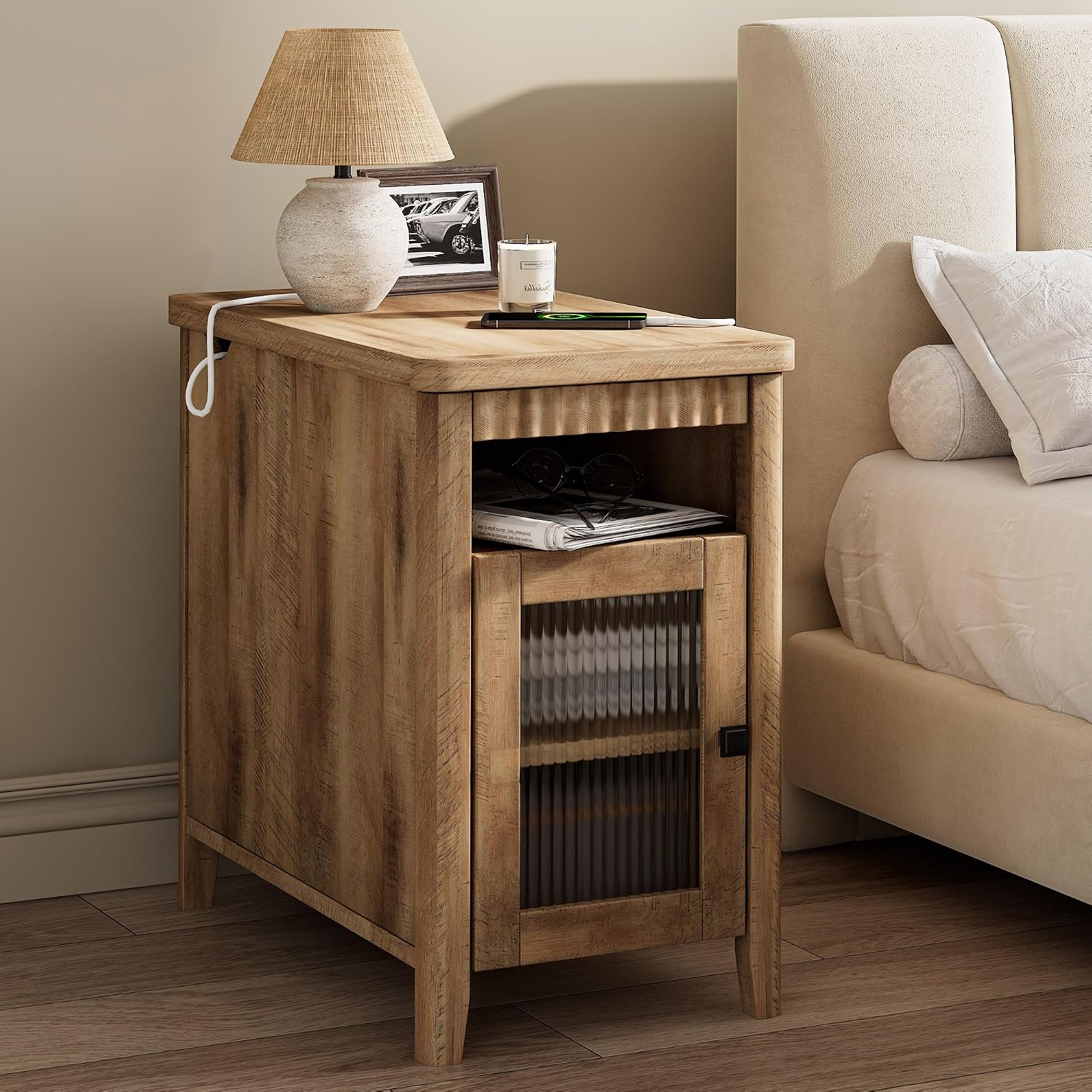 iPormis End Table Set of 2 with Charging Station, Narrow Side Table for Living Room, Farmhouse Night Stand with Storage Cabinet, Wooden Bedside Table for Bedroom Small Space, Brown