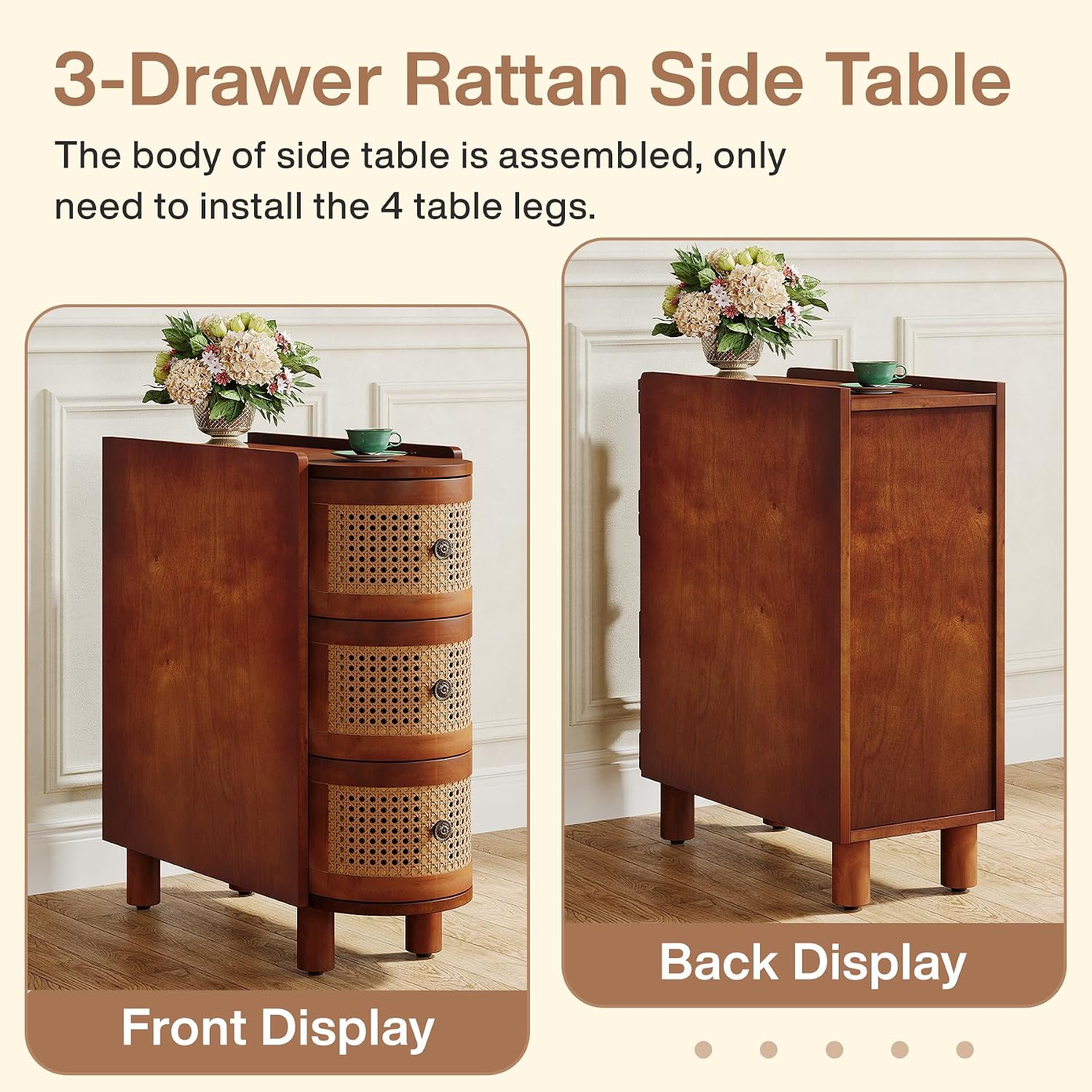 Tribesigns 3-Drawer Rattan End Table, Sofa Side Table with Vintage Embossed Handles, Slim Nightstand for Living Room, Bedroom, Finished Back, No Assembly (Walnut & Oak, 1 PC)