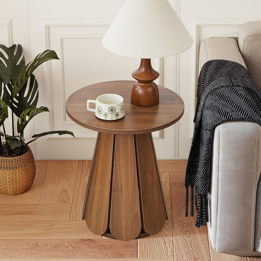 Round End Table Nightstand Set of 2, Mid Century Modern Side Table, Circle Bedside Tables Wood Night Stands for Bedroom, Living Room, Small Space, Walnut