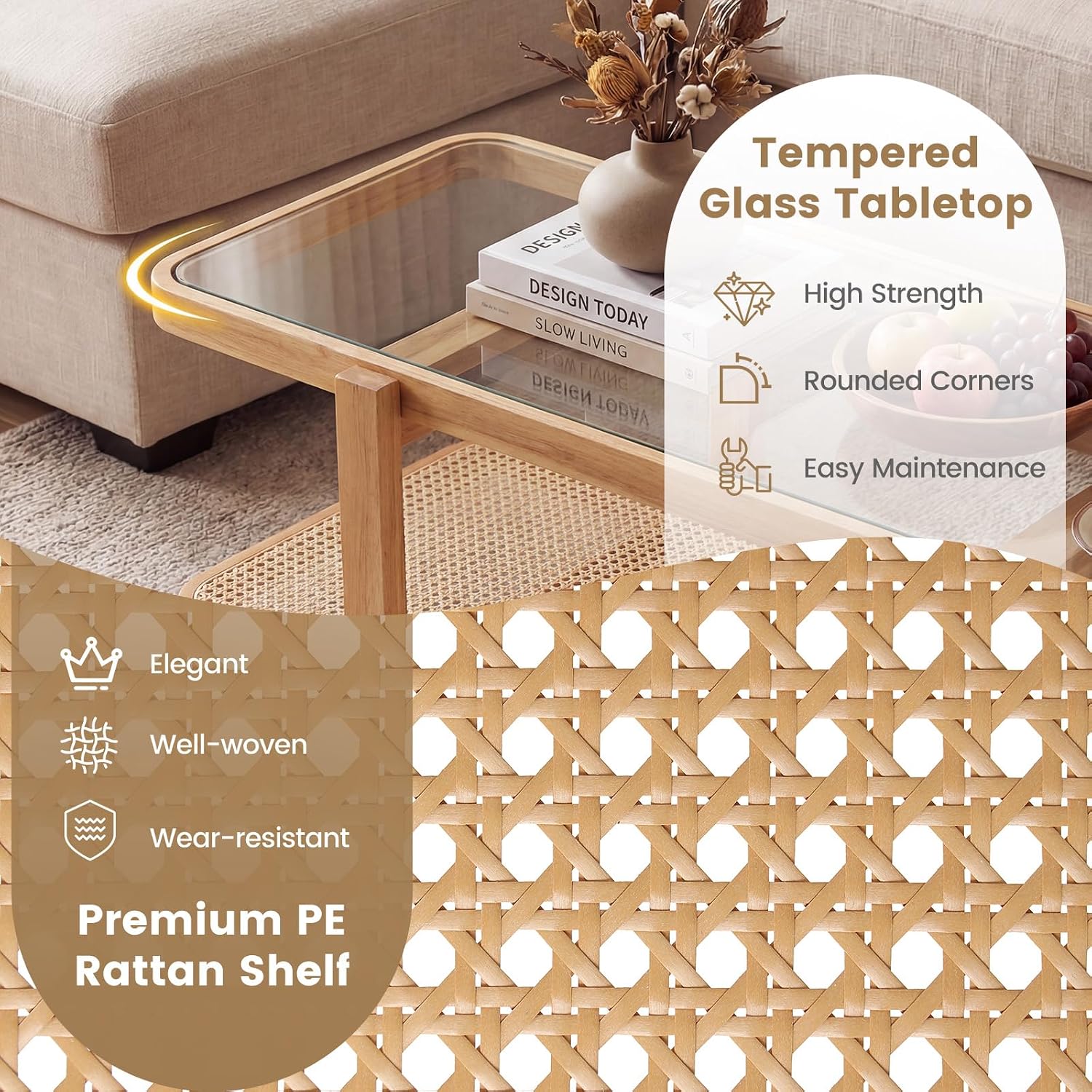 GOFLAME Rattan Coffee Table, 47.5' Solid Wood Center Table with Tempered Glass Top & Rattan Storage Shelf, Rectangular, Farmhouse, Boho, 2-Tier Mid Century Modern Tea Table for Living Room (Oak)