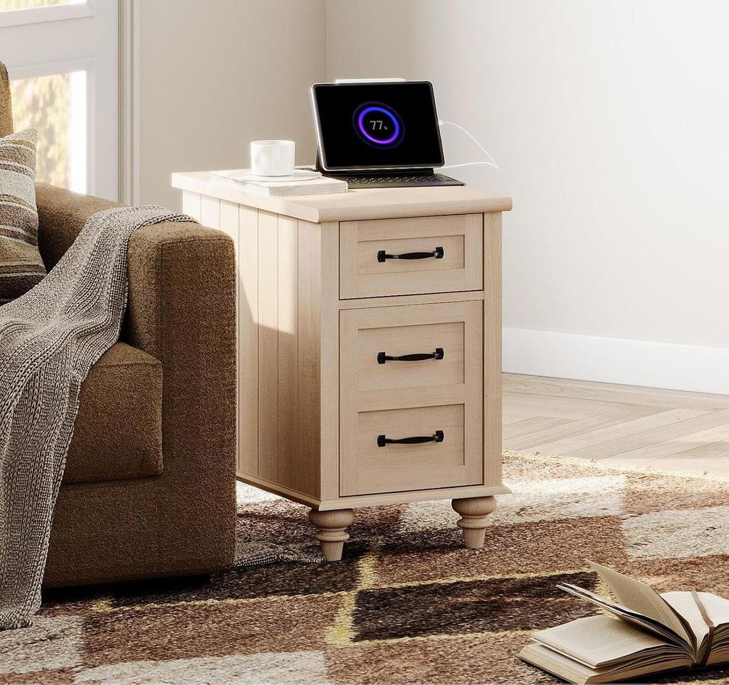 WAMPAT 2 Pack End Tables with Charging Station, Farmhouse Narrow Side Table with Drawer & Storage Cabinet, Beige Nightstand with Power Outlets & USB Ports for Living Room, Bedroom