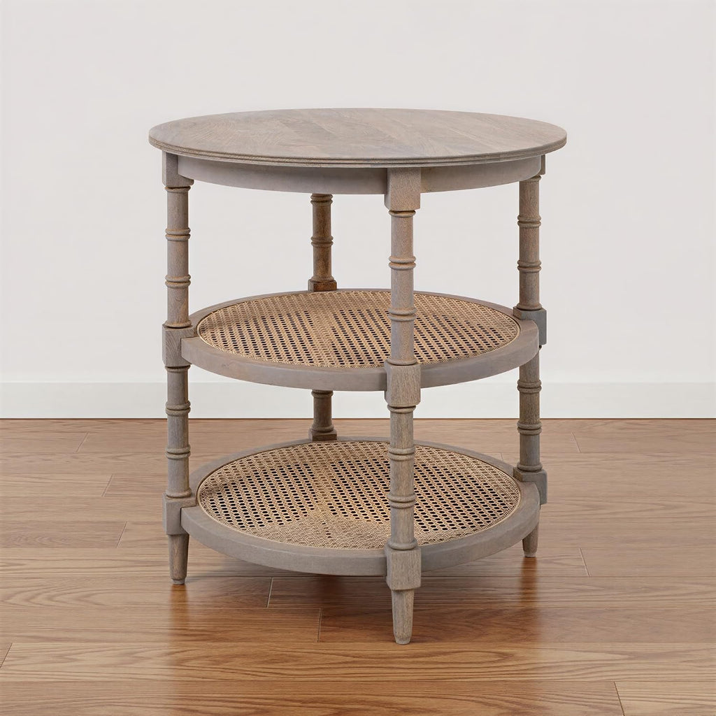 Creative Co-Op Round Solid Wood End Table with 2 Woven Cane Shelves, Grey Washed